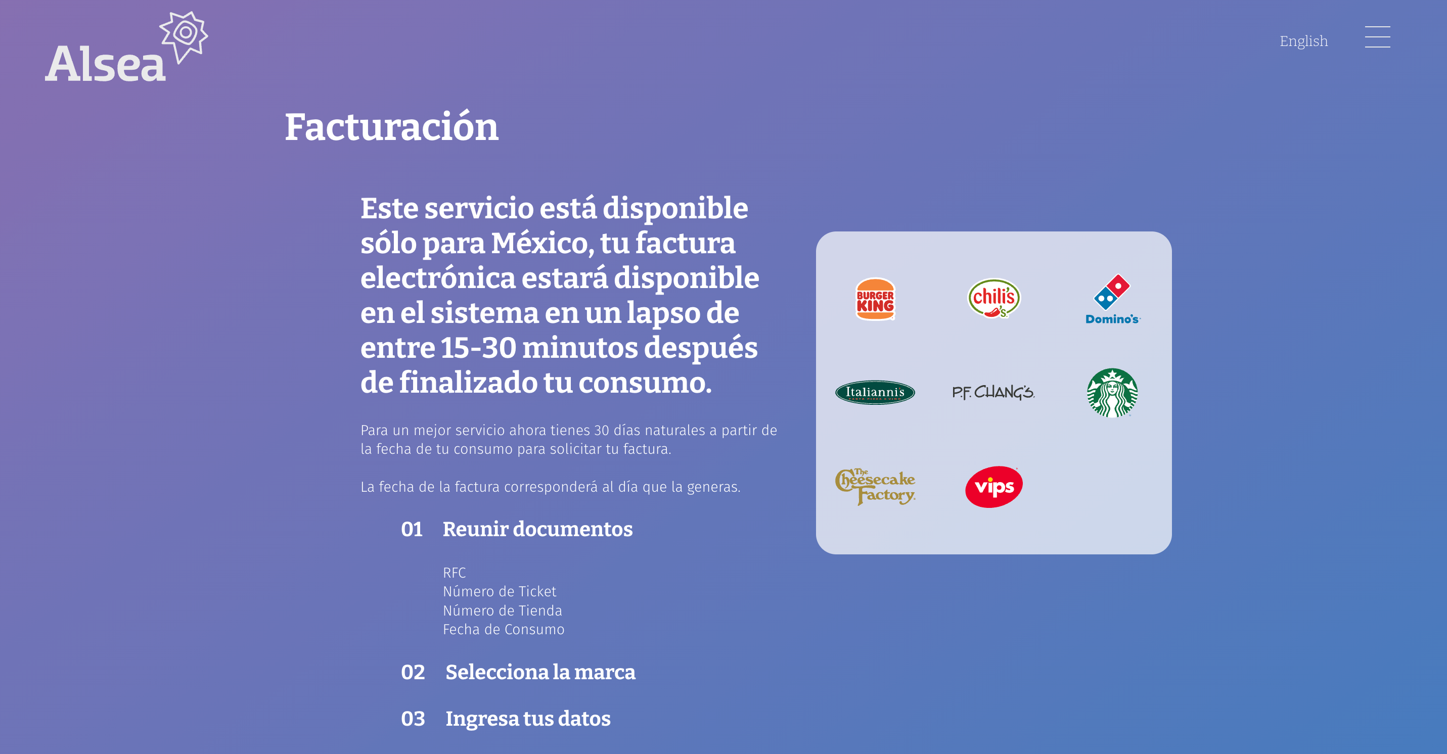Captura de pantalla portal de facturación Alsea