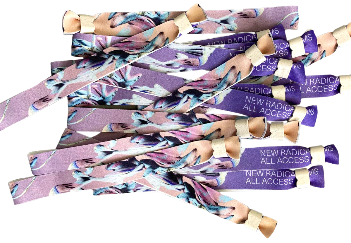 Purple New Radicalisms all-access festival wristbands