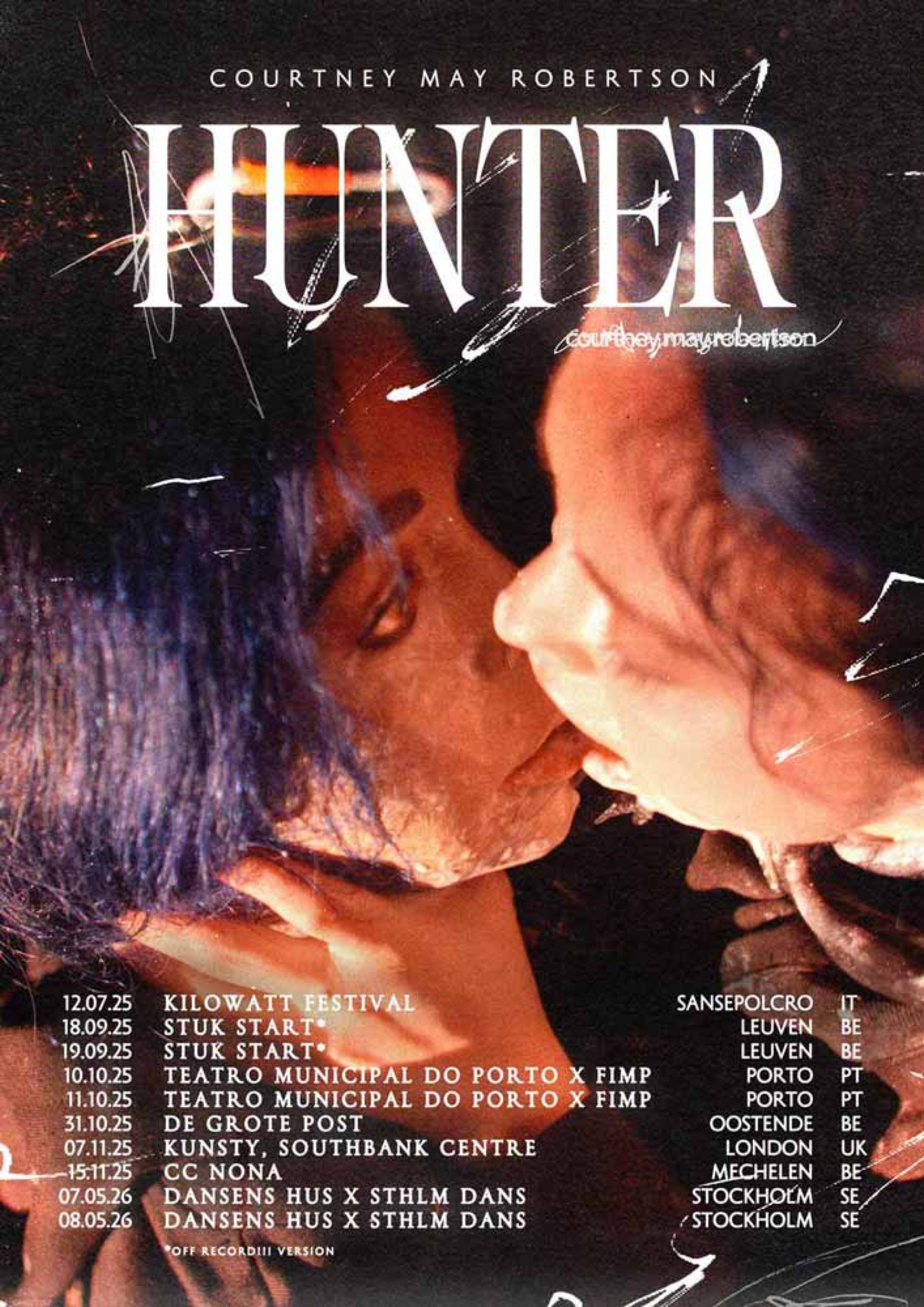 Hunter performance poster with two figures kissing in red light