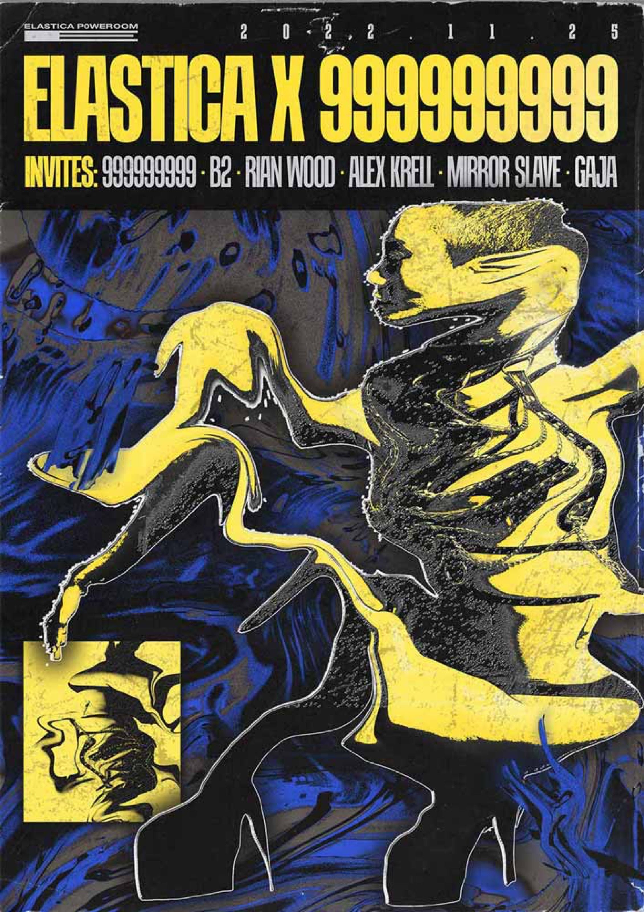 Elastica x 999999999 poster with a yellow distorted figure on blue