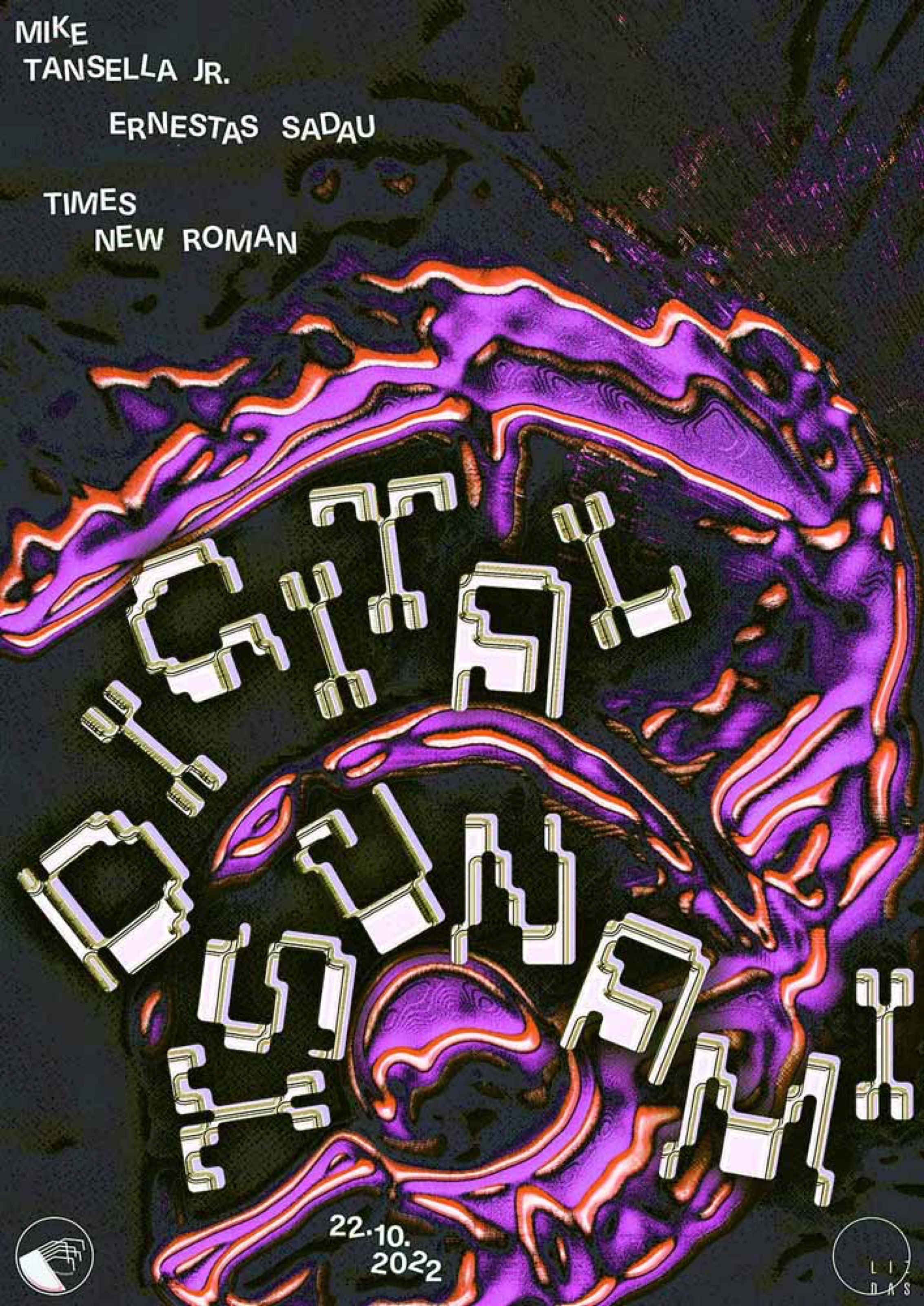 Digital Tsunami poster with chrome lettering on purple swirls
