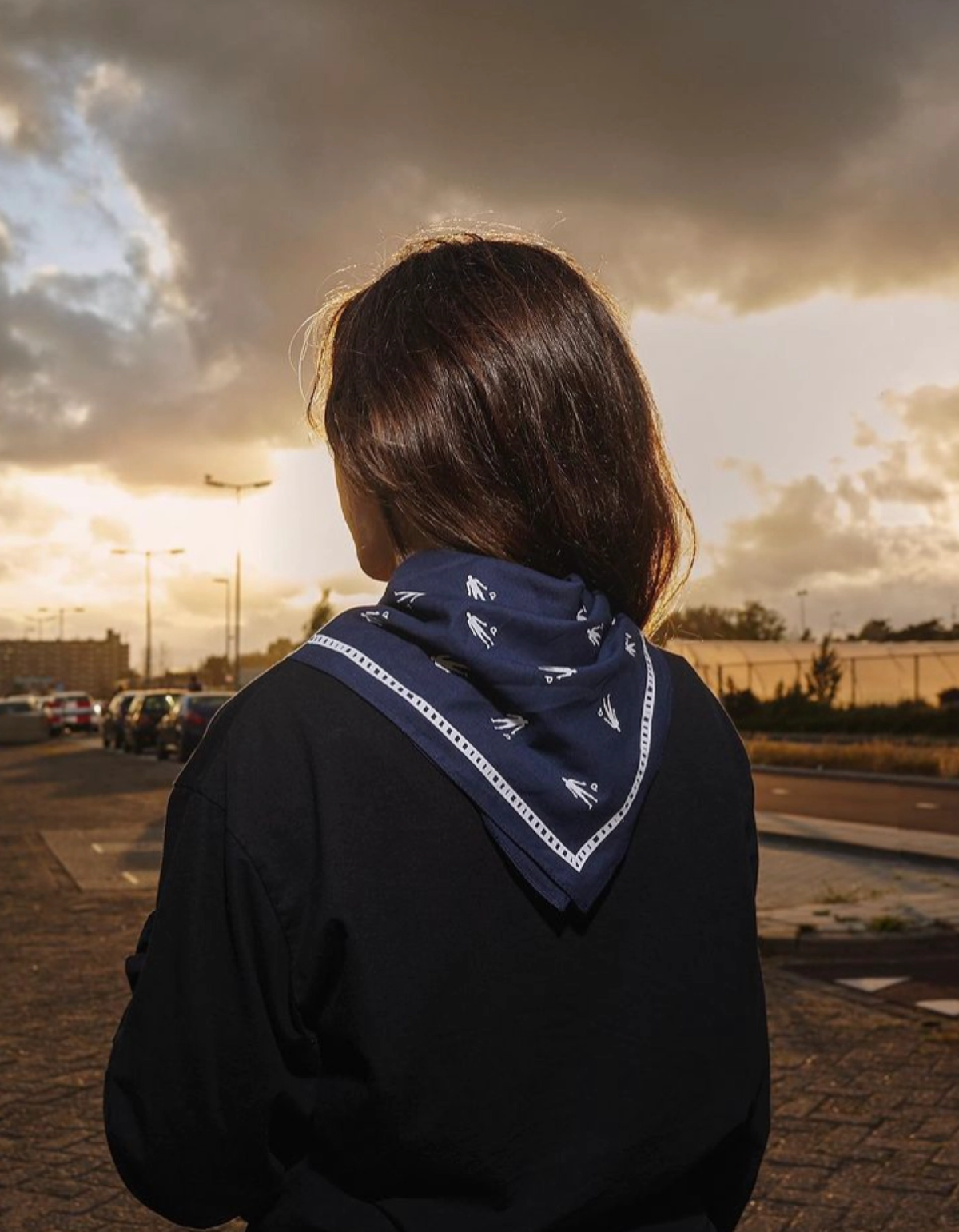 Person wearing a Pinkman bandana at sunset, seen from behind