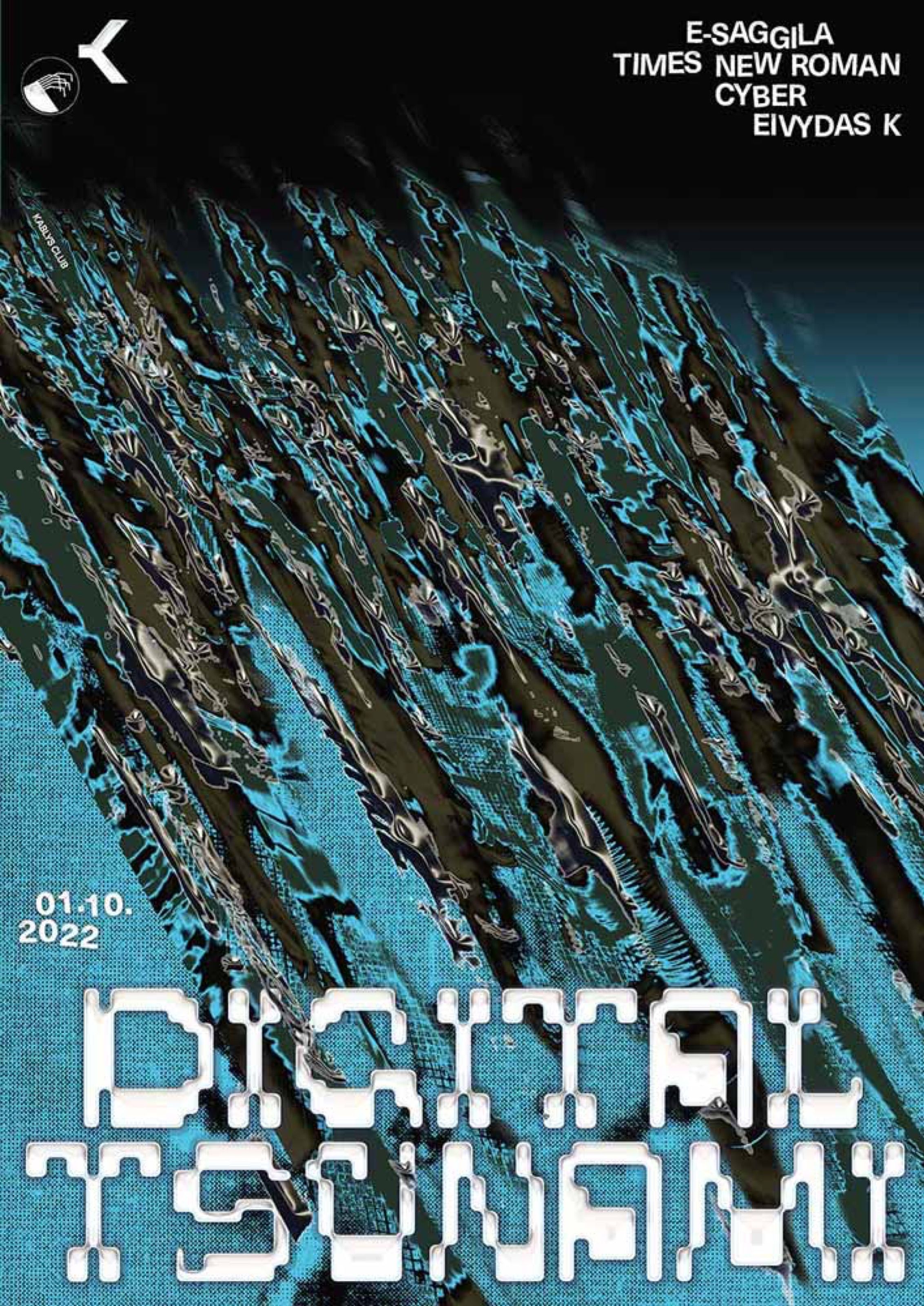 Digital Tsunami club poster with a glitchy blue wave and pixel type