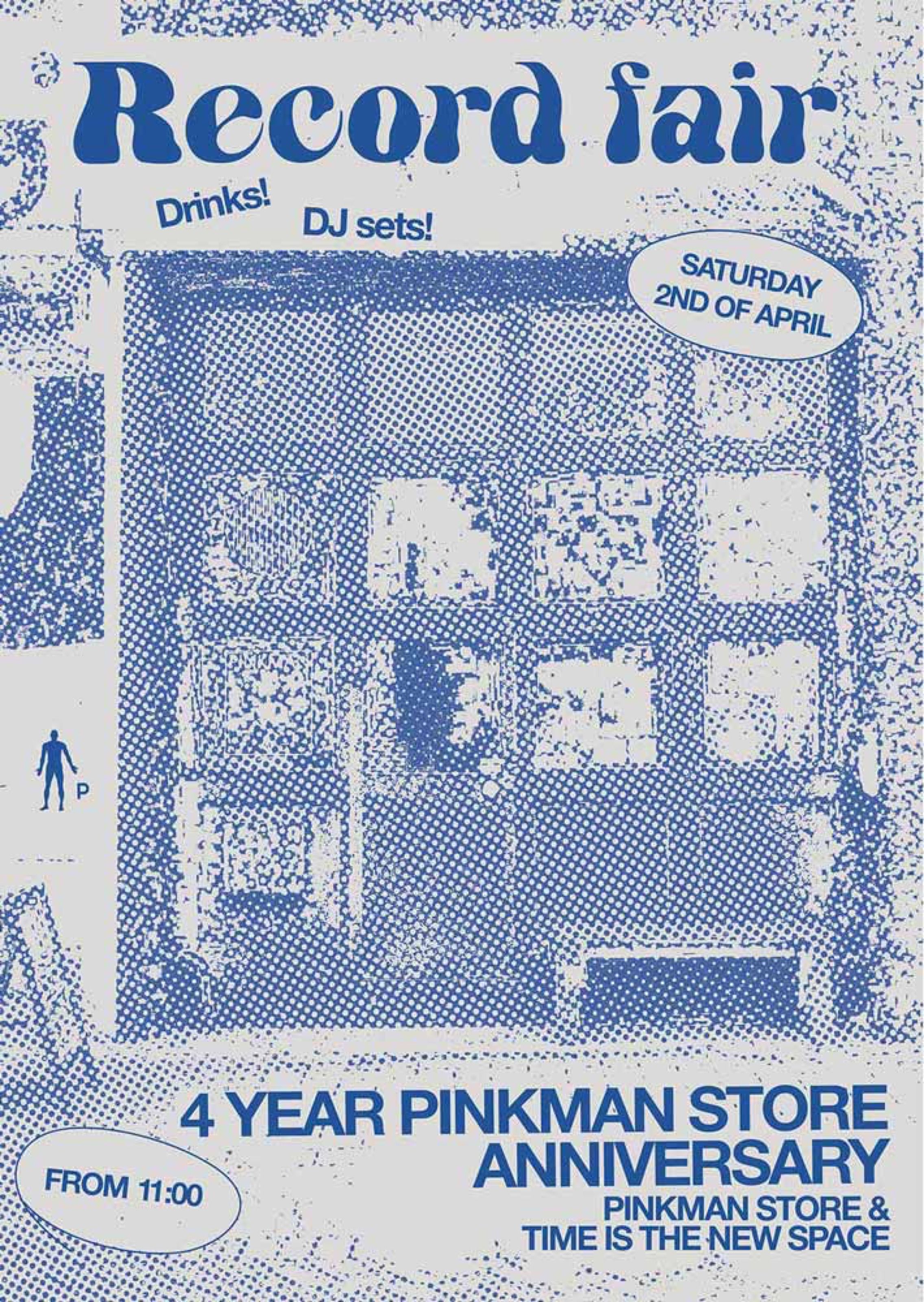 Blue halftone Record Fair poster for the 4-year Pinkman Store anniversary