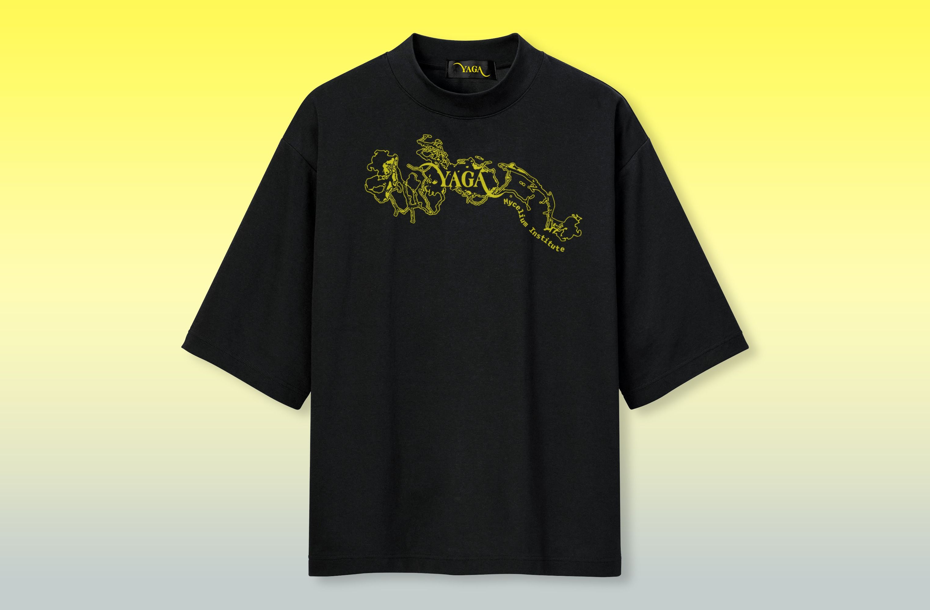 A black T-shirt printed with a yellow festival logo grown with slime mould
