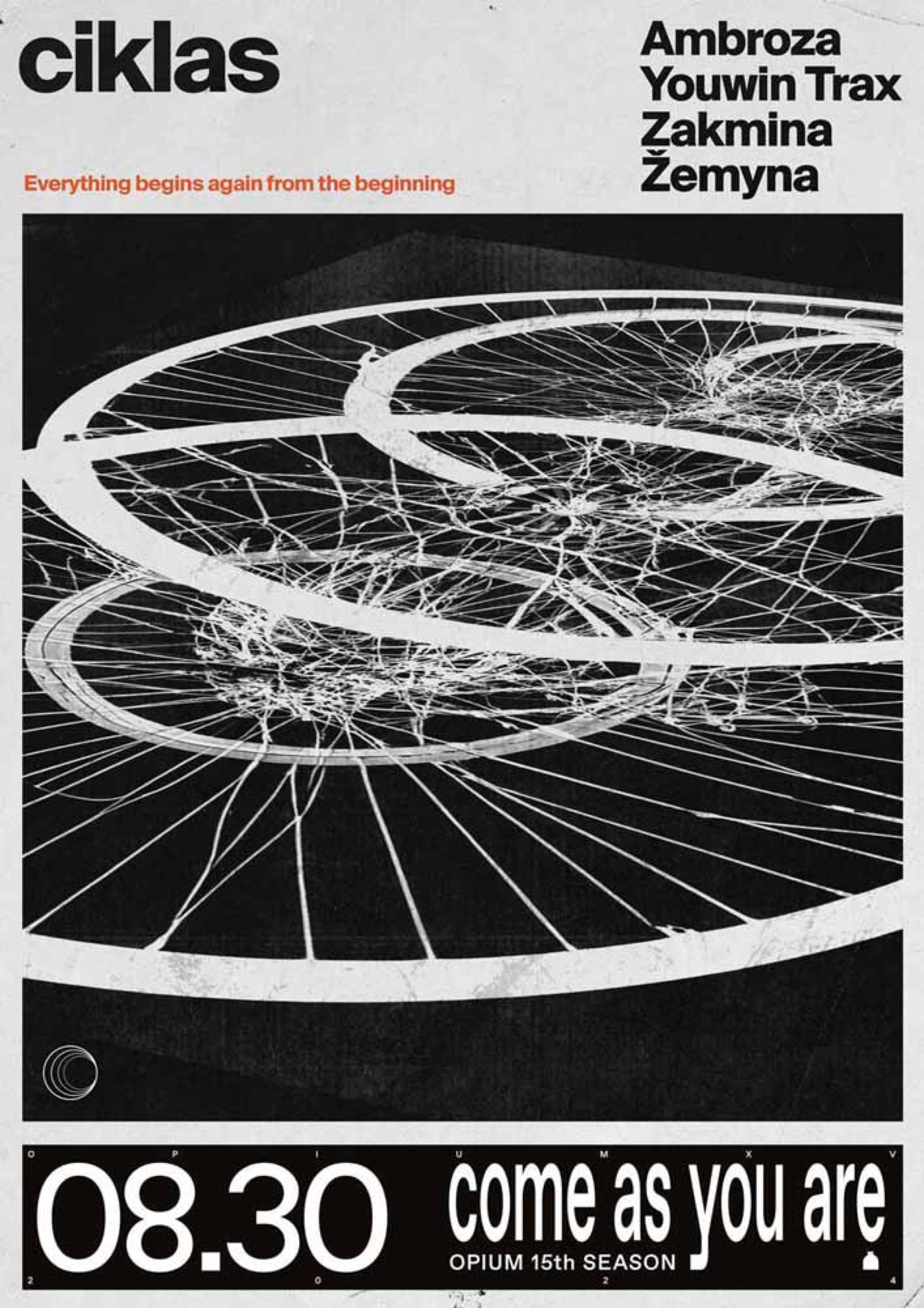 Ciklas club poster with a wireframe bicycle wheel, Come As You Are