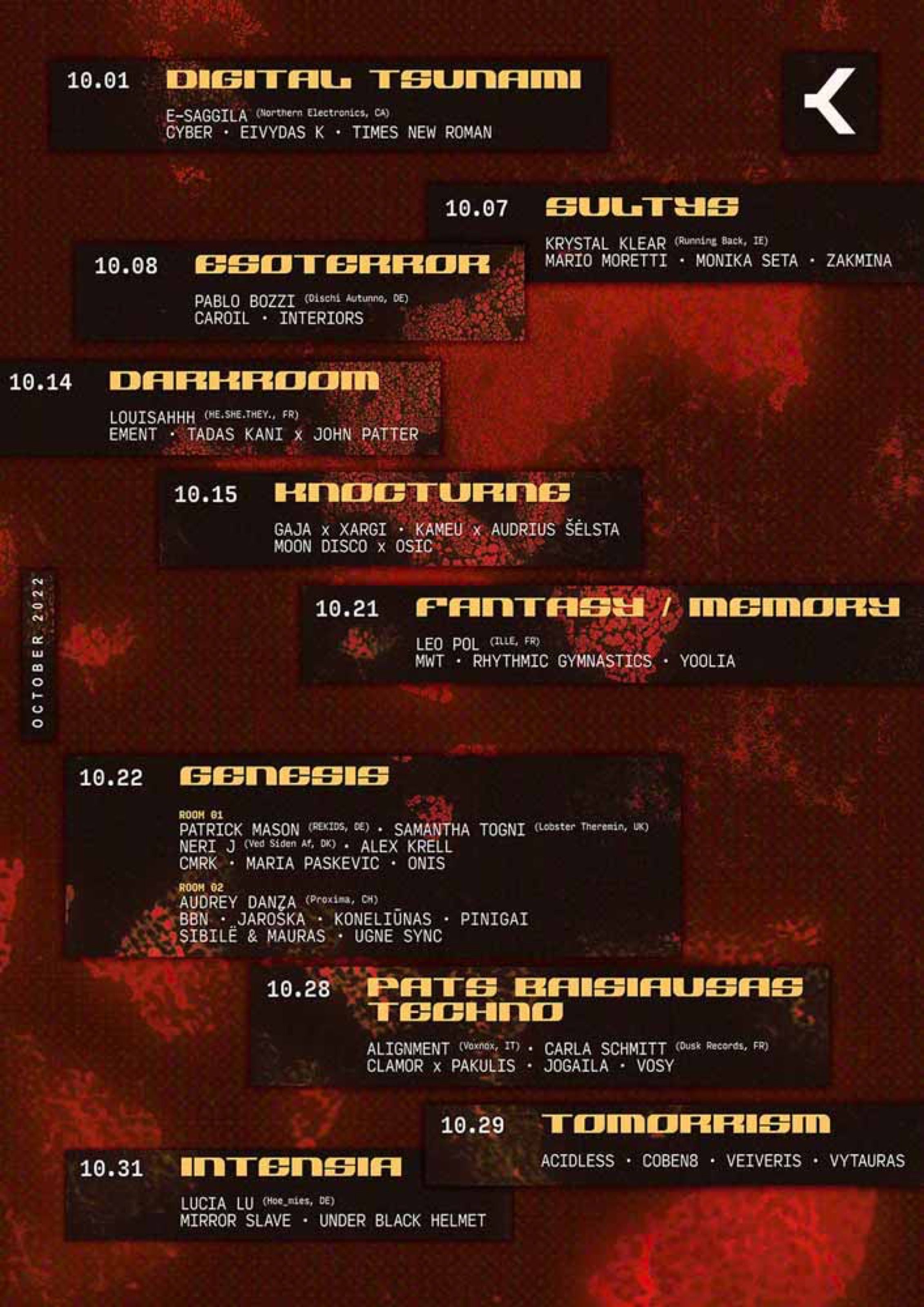 October club programme poster with a list of nights on dark red