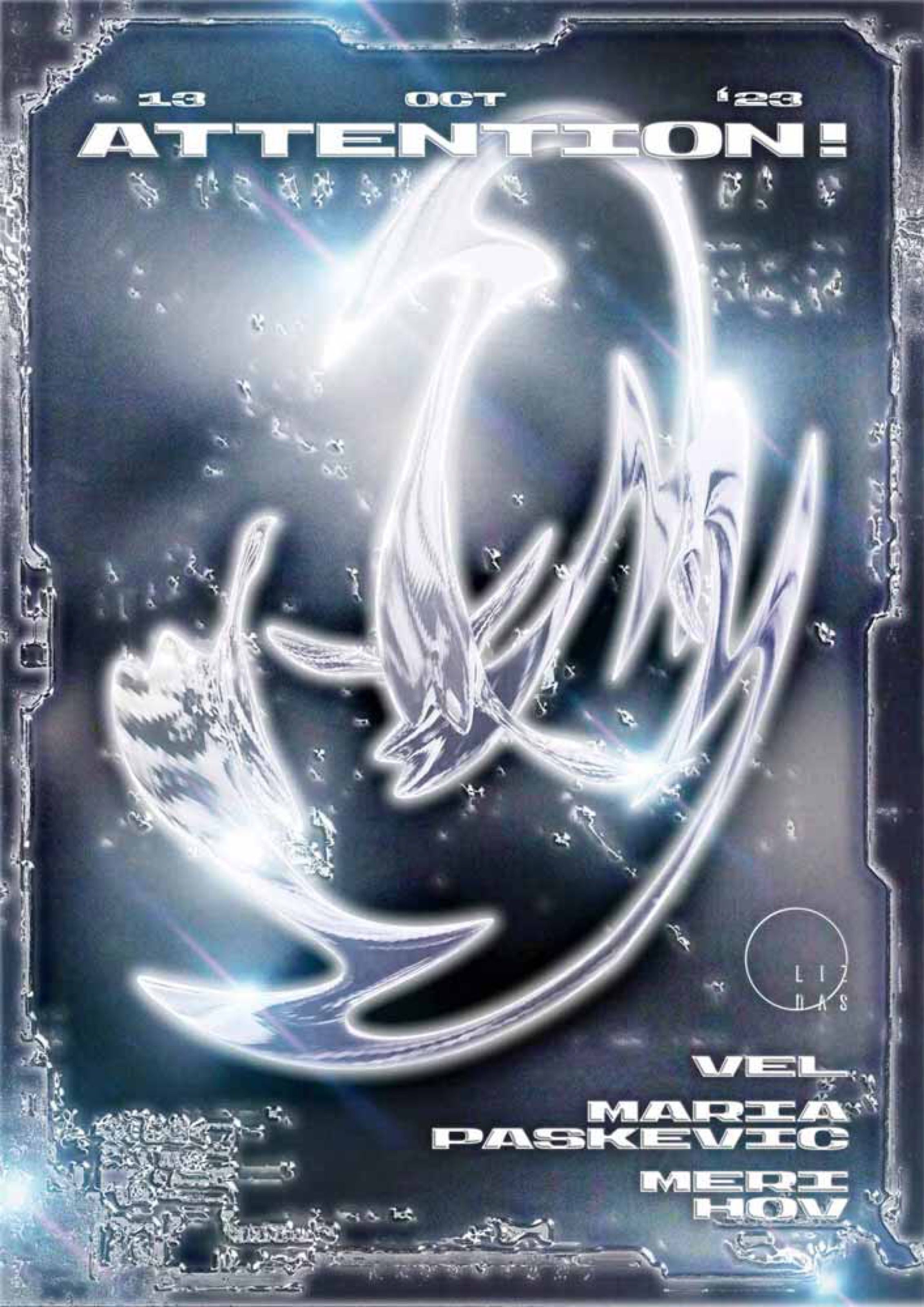 Attention! club poster with a silver chrome swirl on dark grey