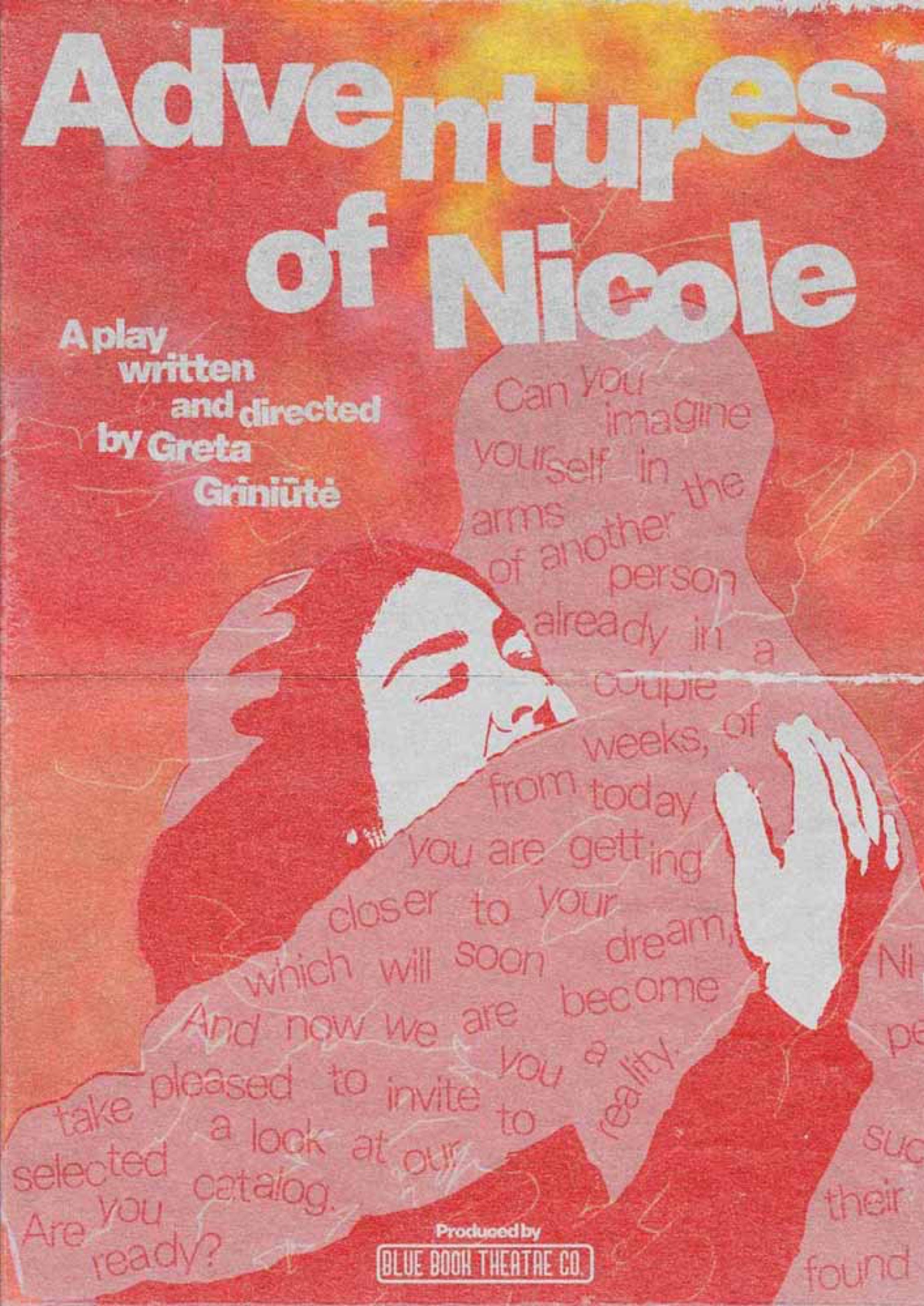 Adventures of Nicole play poster in red and pink, written and directed by Greta Griniūtė