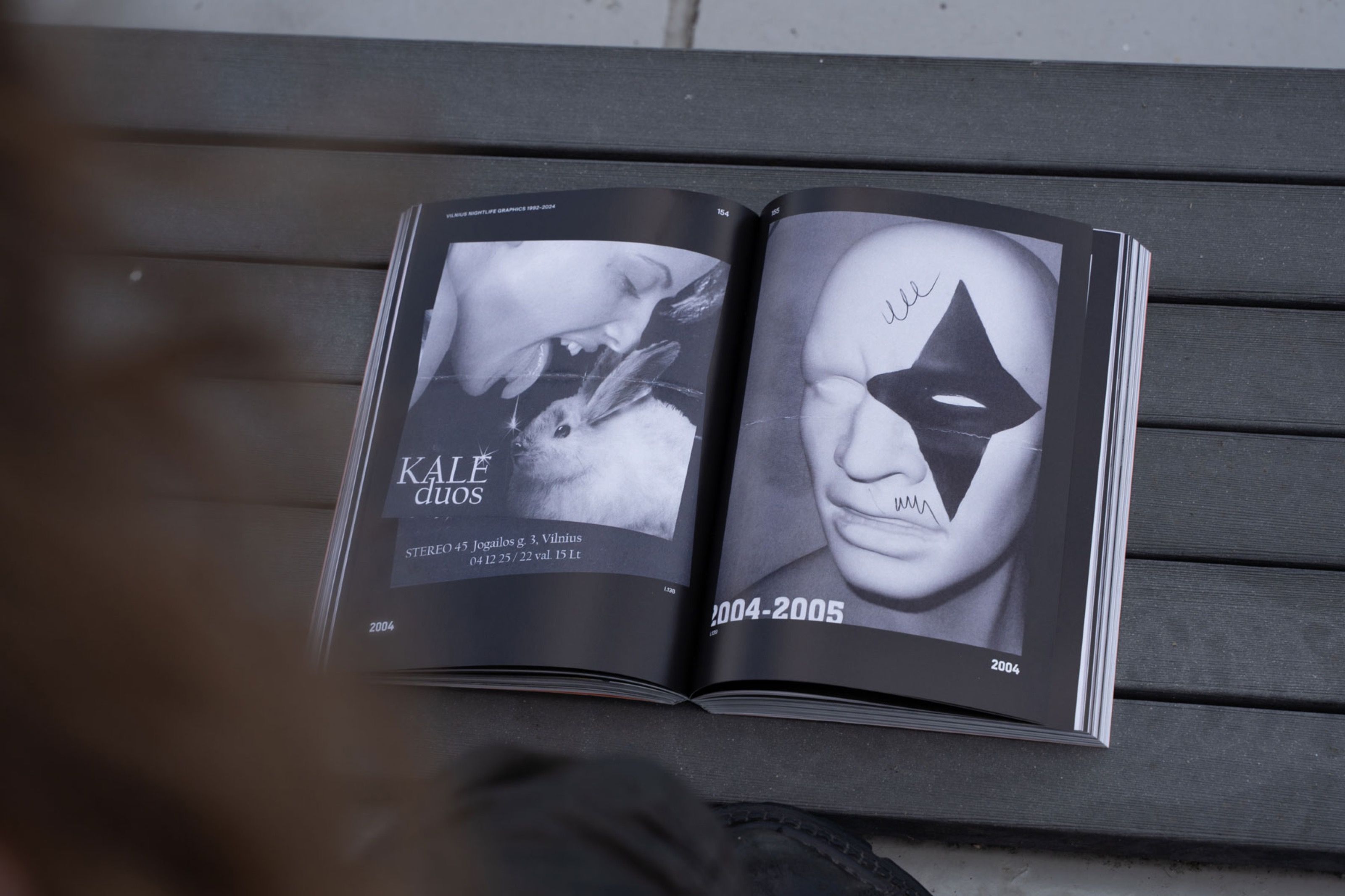 Vilnius Nightlife Graphics book spread with black-and-white party flyers from 2004–2005