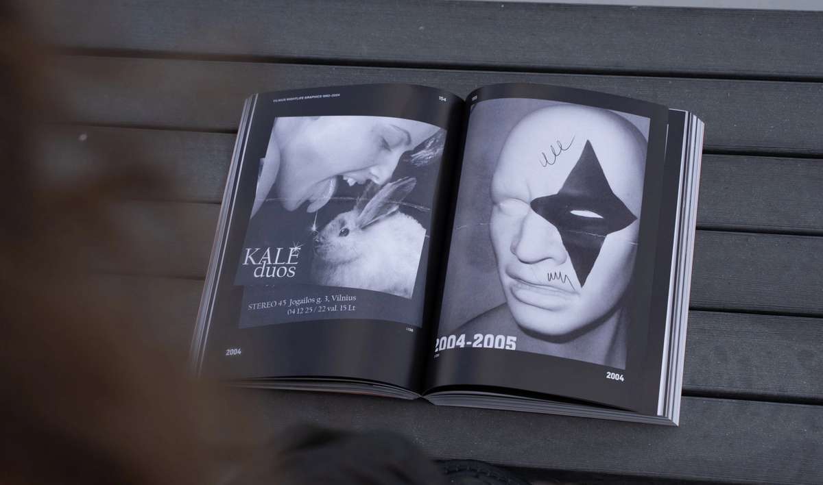 Vilnius Nightlife Graphics book spread with black-and-white party flyers from 2004–2005