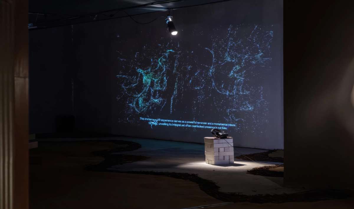 Dimly lit installation space with a blue projection, Invisible Fungi