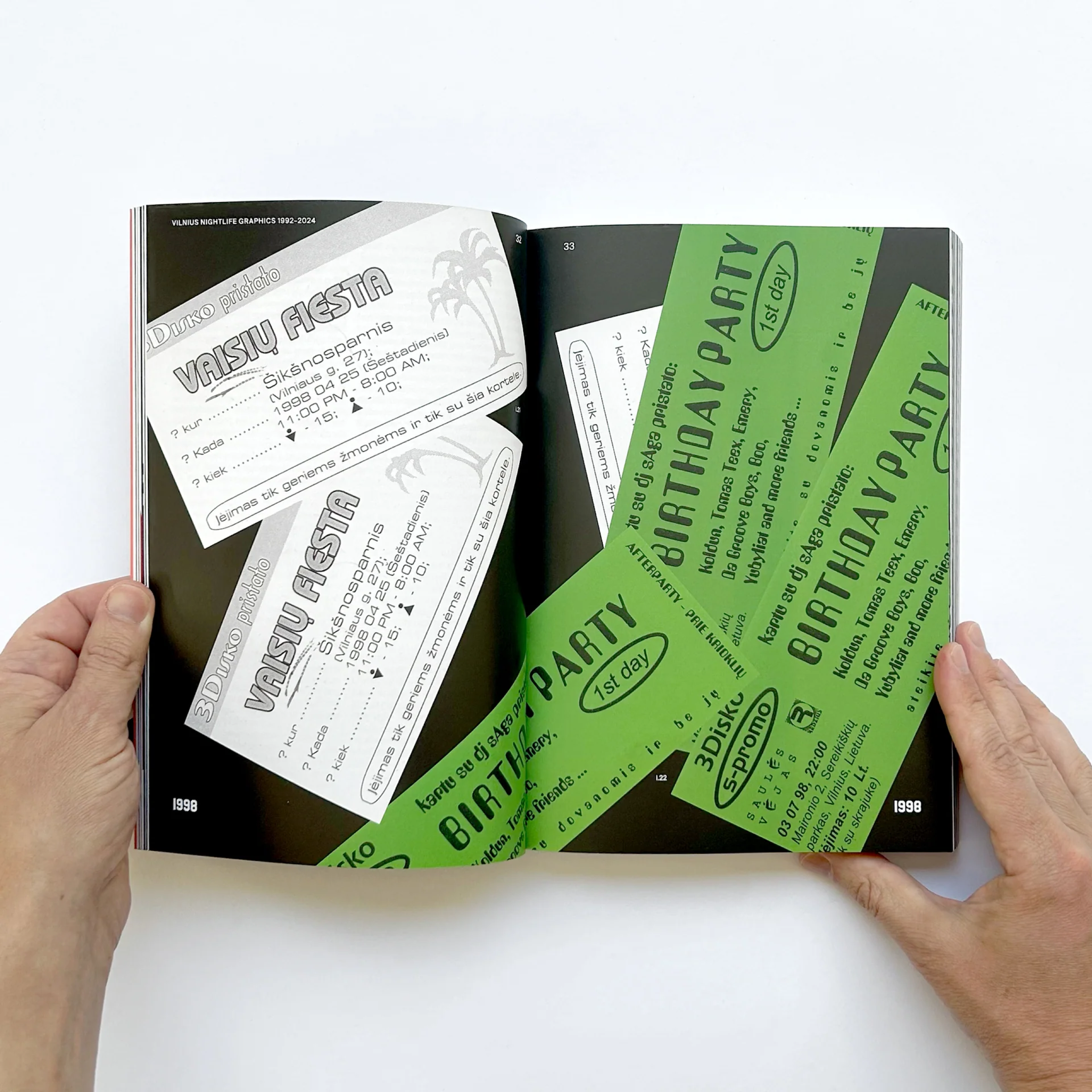 Vilnius Nightlife Graphics spread with green 1990s party flyers