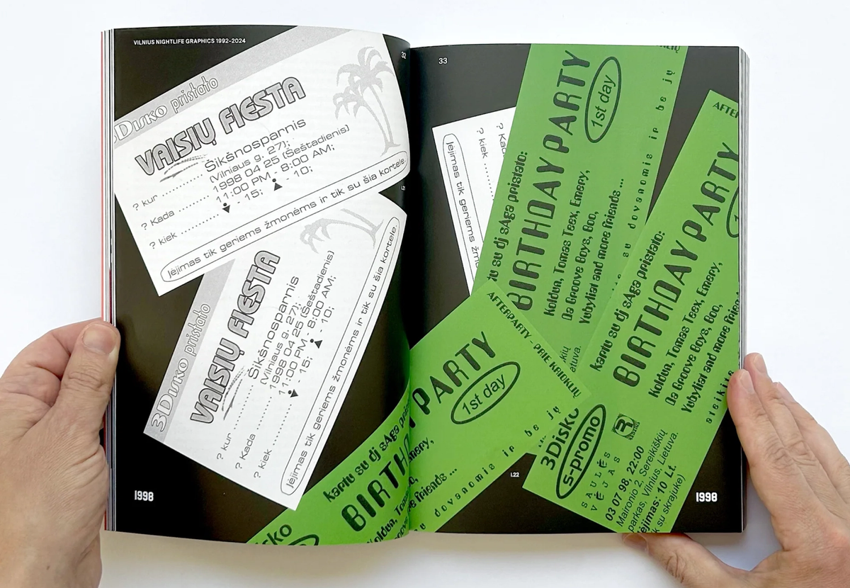 Vilnius Nightlife Graphics spread with green 1990s party flyers