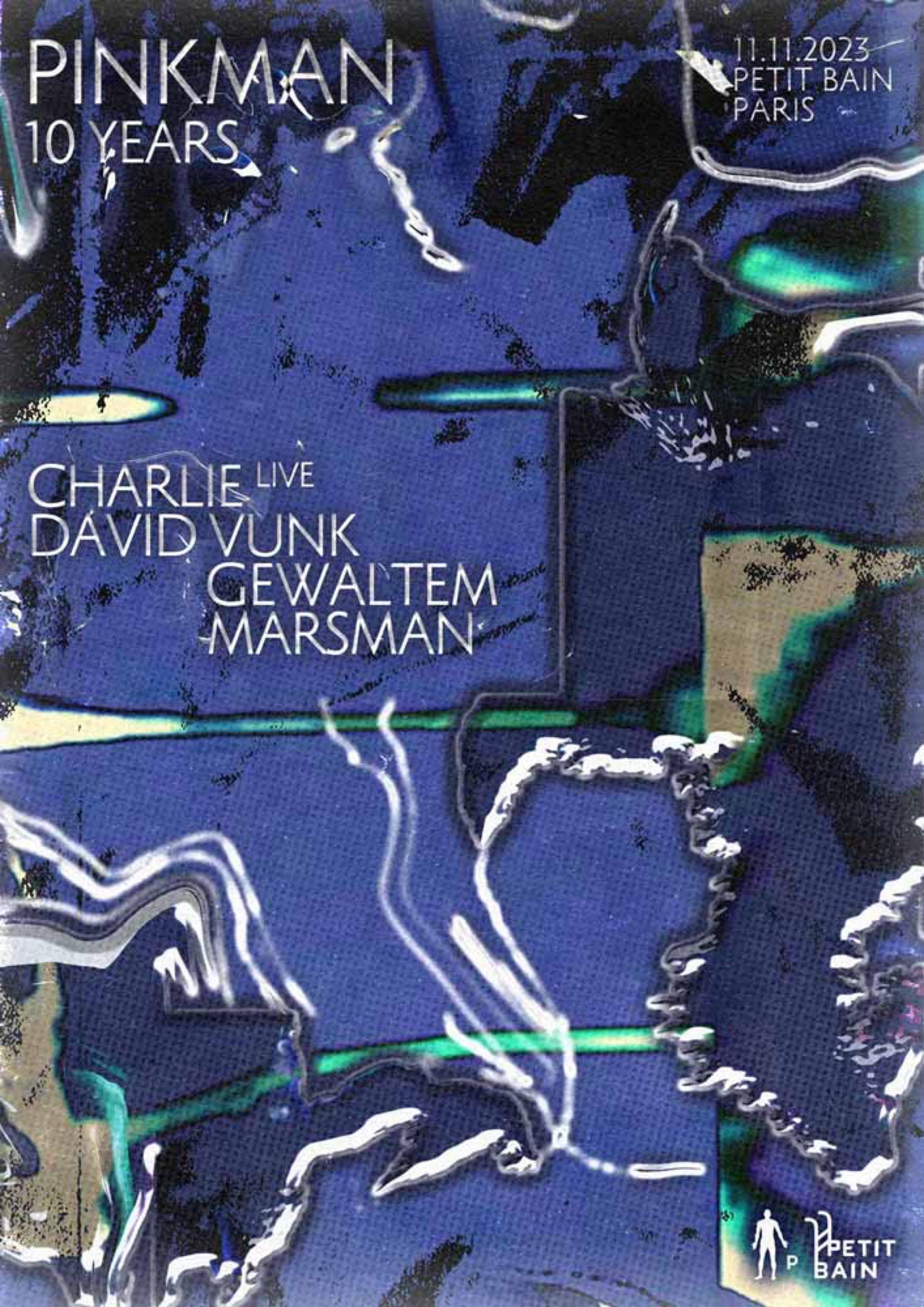 Pinkman 10 Years poster on deep blue with molten chrome texture, Paris