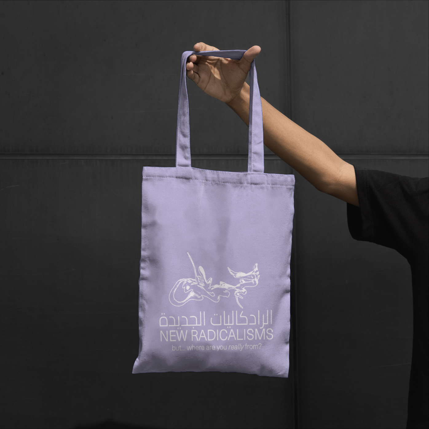 Lilac New Radicalisms tote bag with the logo in Latin and Arabic script