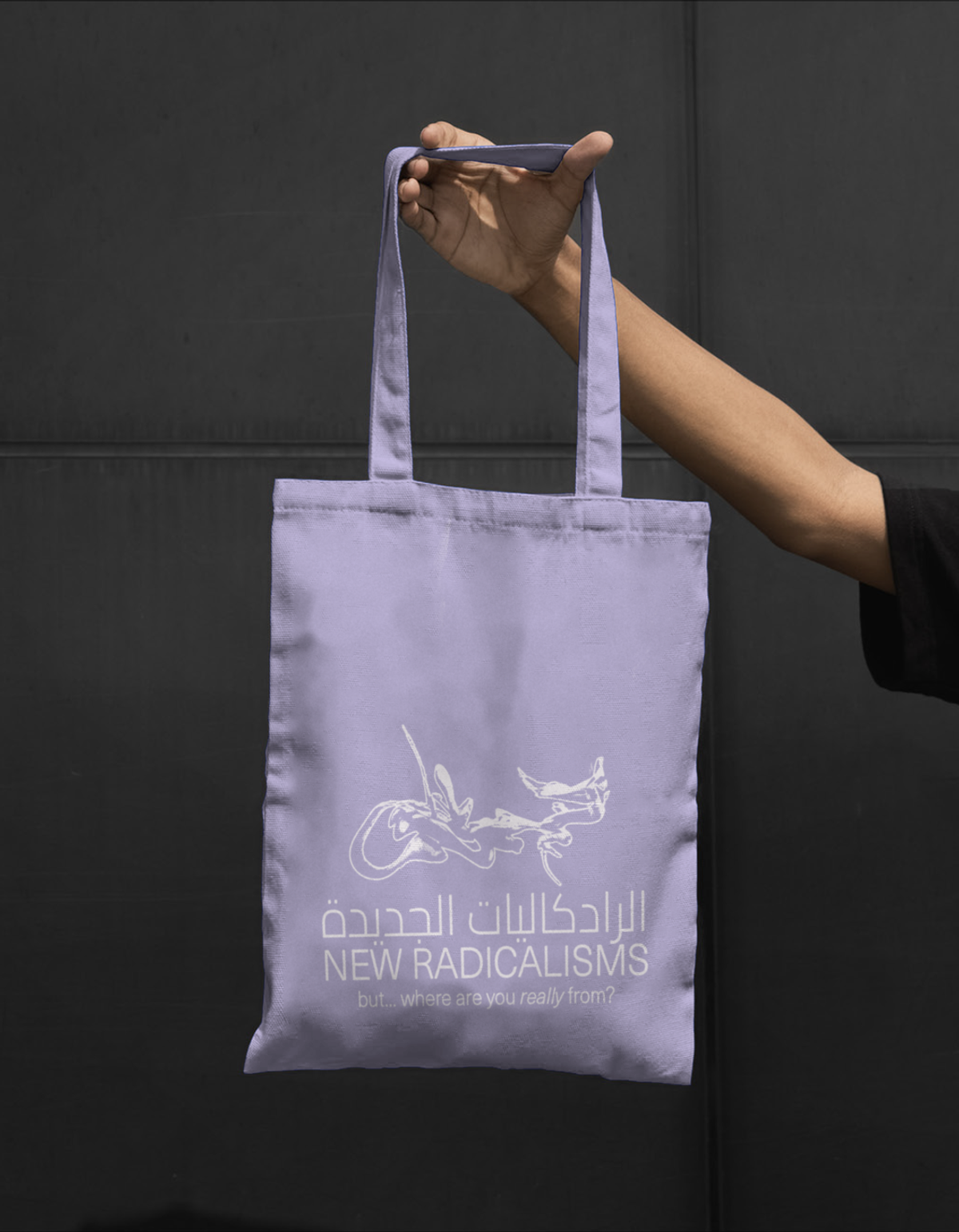 Lilac New Radicalisms tote bag with the logo in Latin and Arabic script