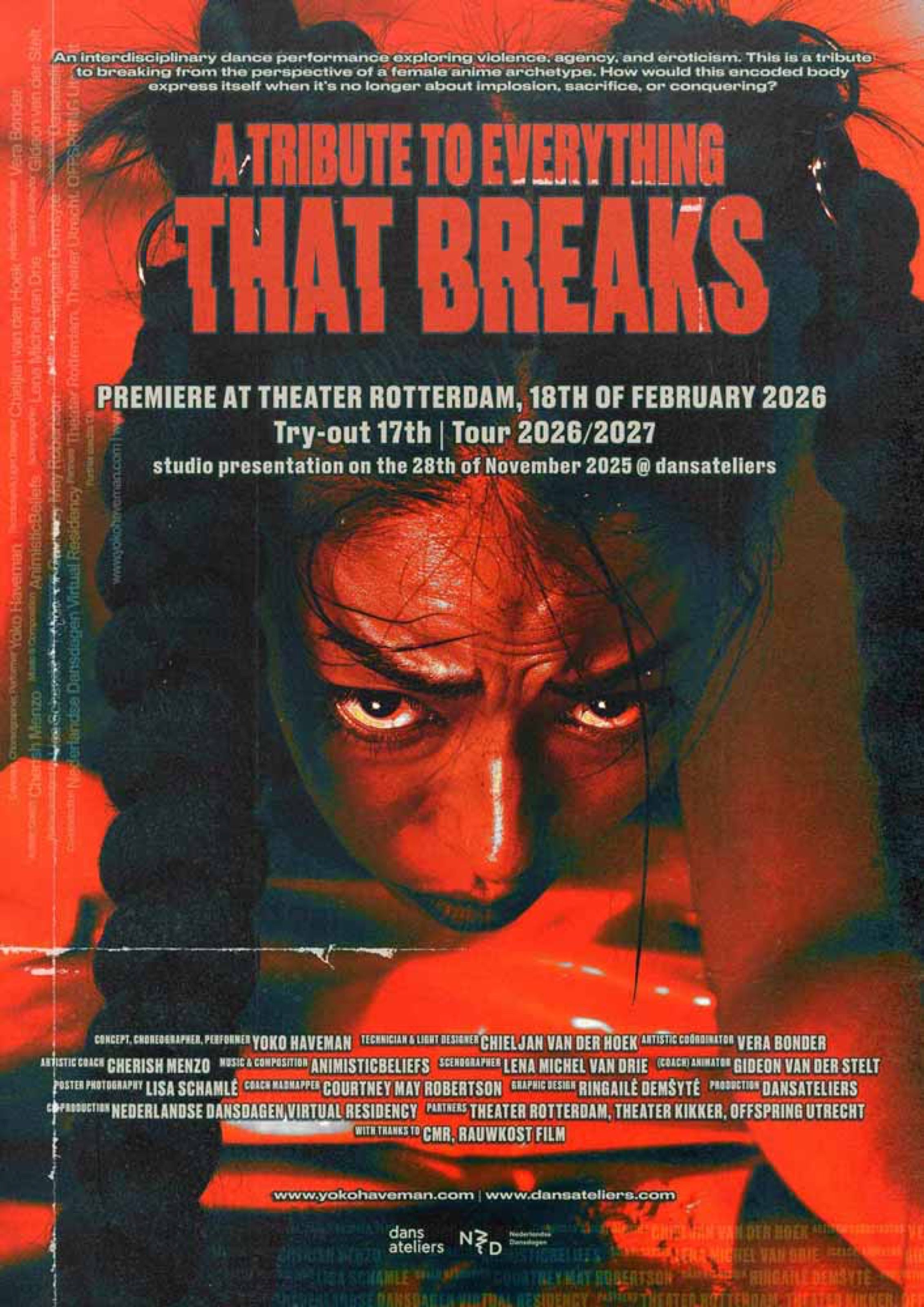 A Tribute to Everything That Breaks performance poster in red, Theater Rotterdam