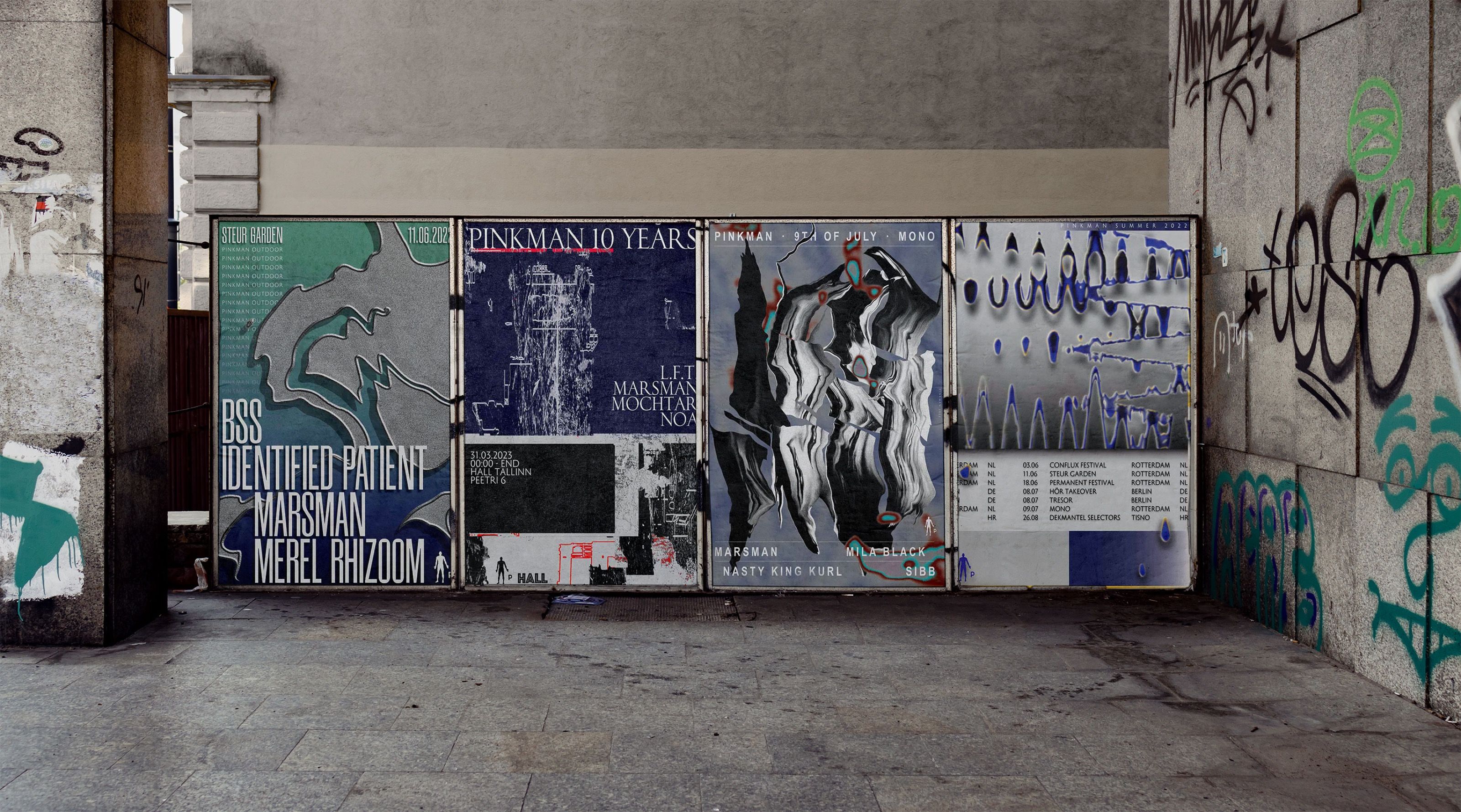 Row of Pinkman posters pasted on a concrete wall