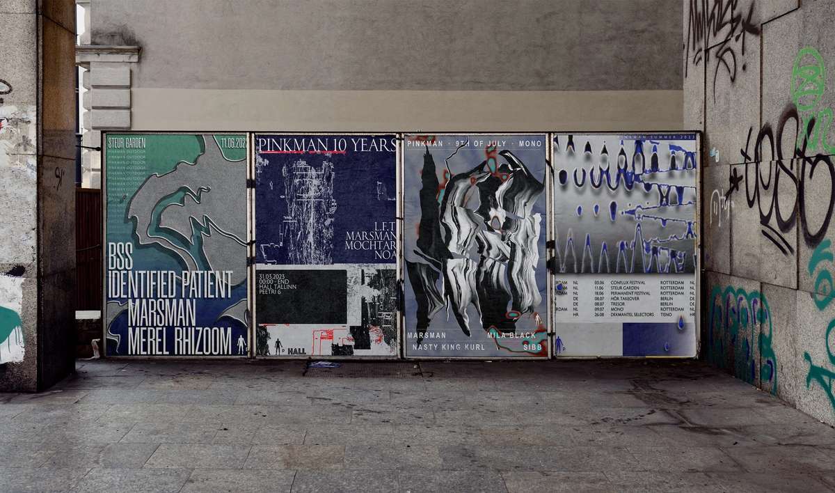 Row of Pinkman posters pasted on a concrete wall