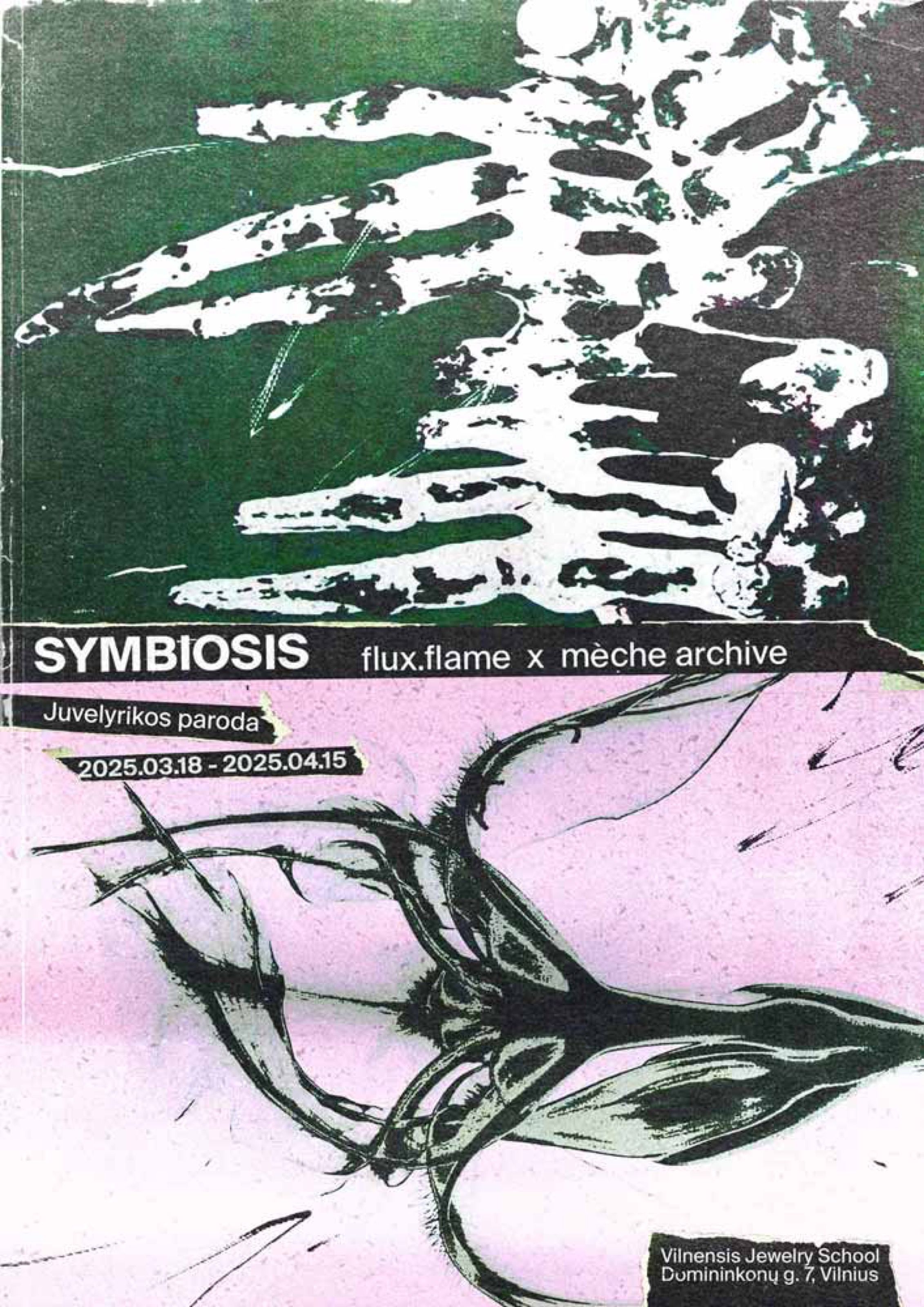 Symbiosis jewellery exhibition poster with organic black-and-white forms, Vilnius