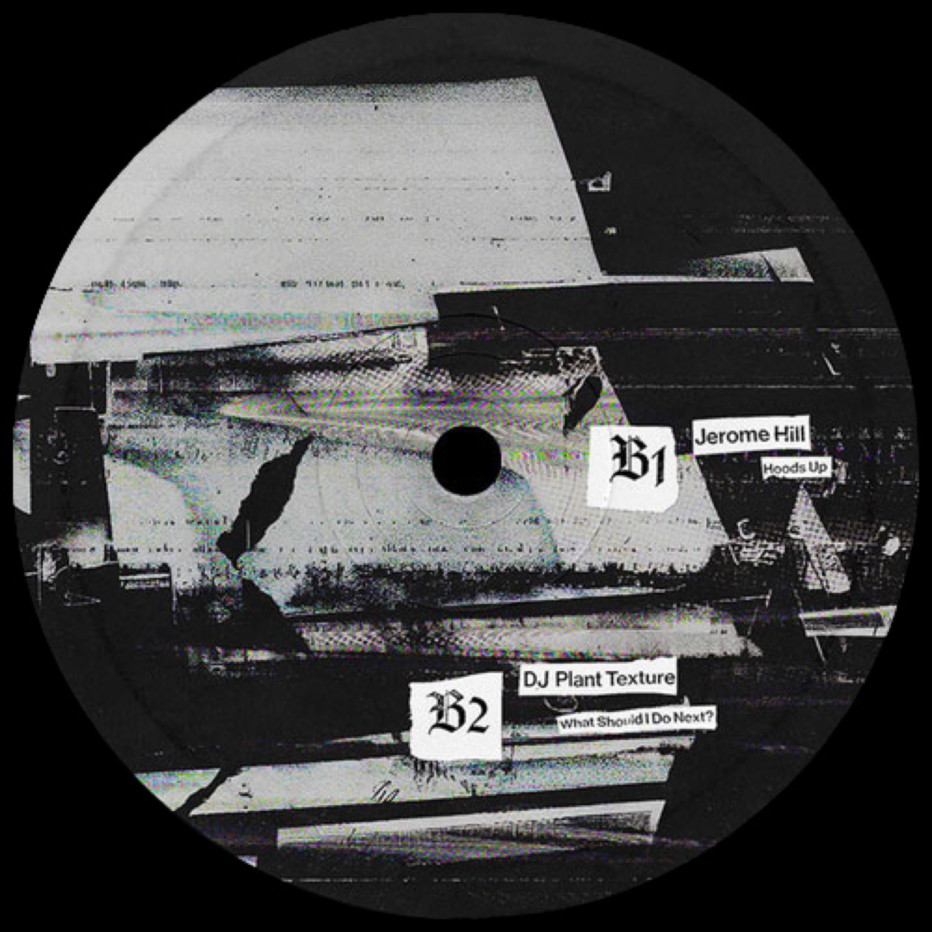 Wigs 001 vinyl label side B in black and white collage