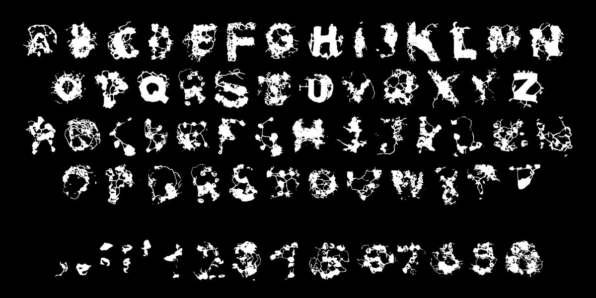 The experimental slime-mould typeface: full alphabet and numerals in white on black