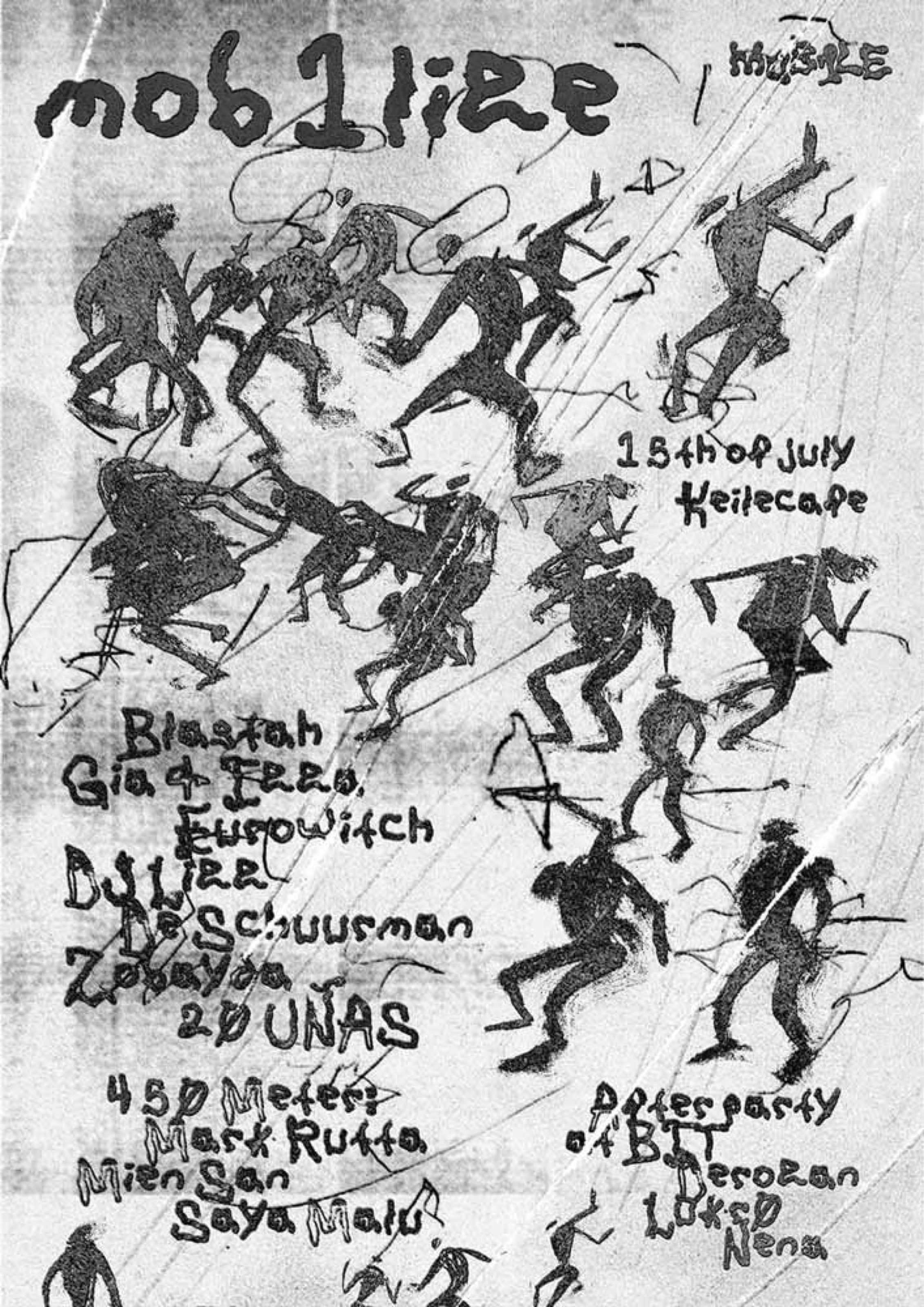 Mob1lize poster with sketched dancing figures and handwritten lineup