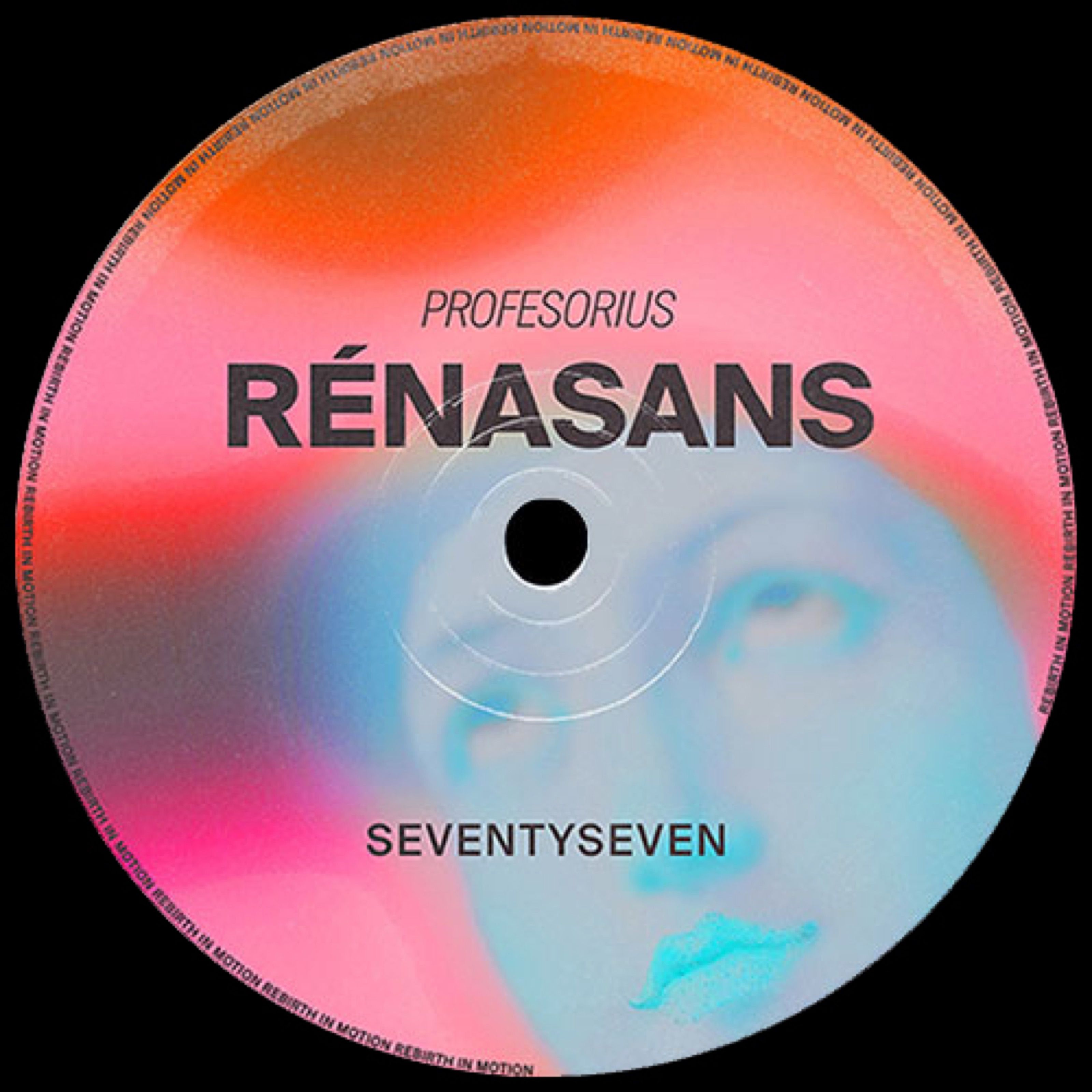 Profesorius Rėnasans vinyl label with a pink and blue blurred portrait