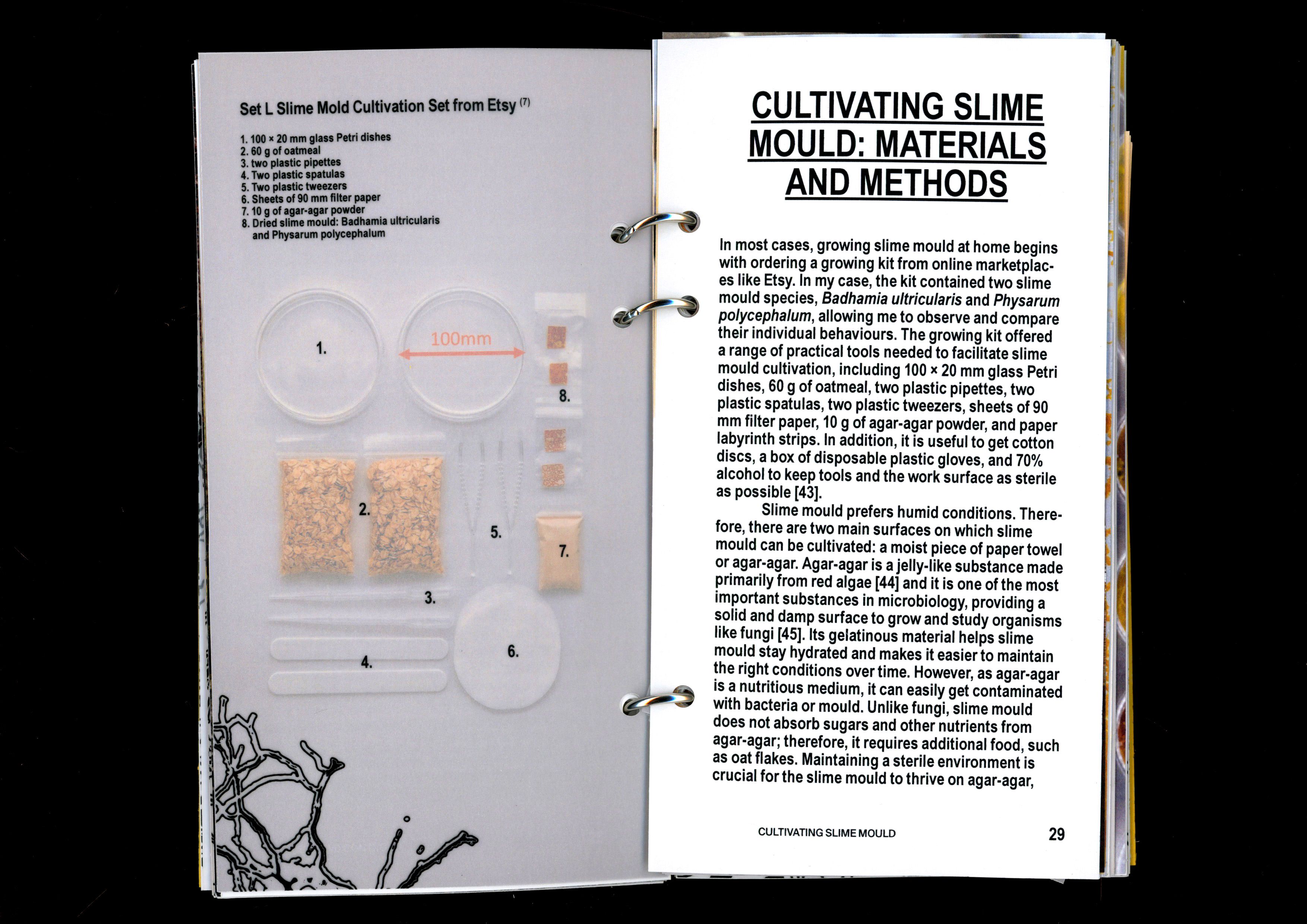 Book spread titled Cultivating Slime Mould: Materials and Methods
