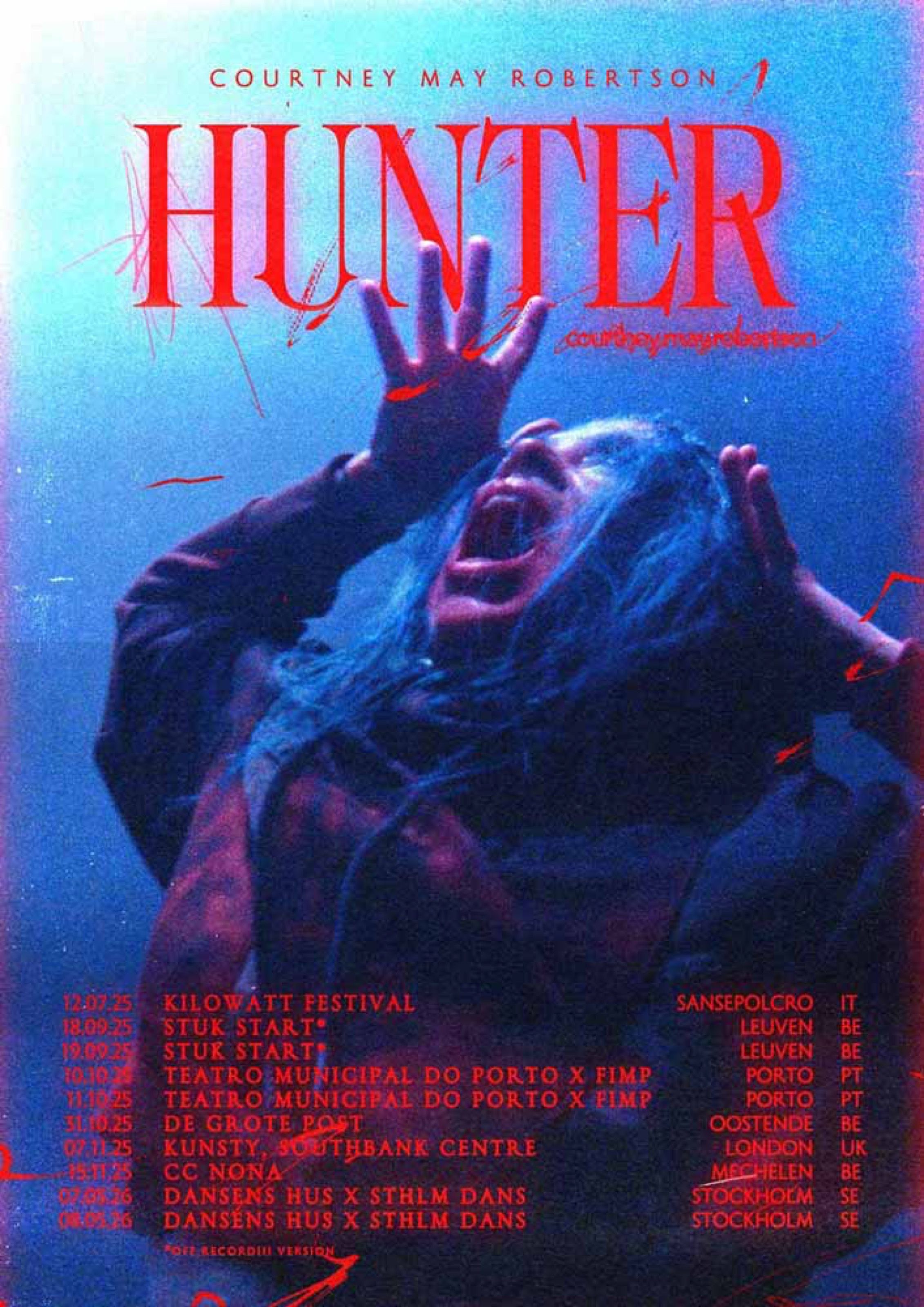 Hunter dance performance poster by Courtney May Robertson, blue tones with tour dates