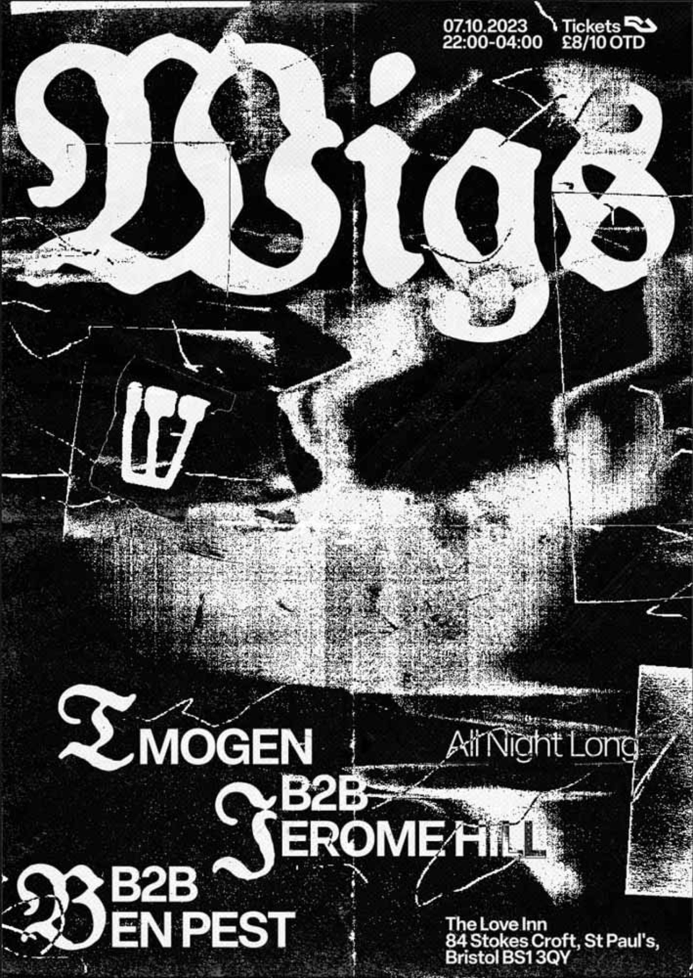 Black-and-white Wigs poster with blackletter title and lineup, Bristol