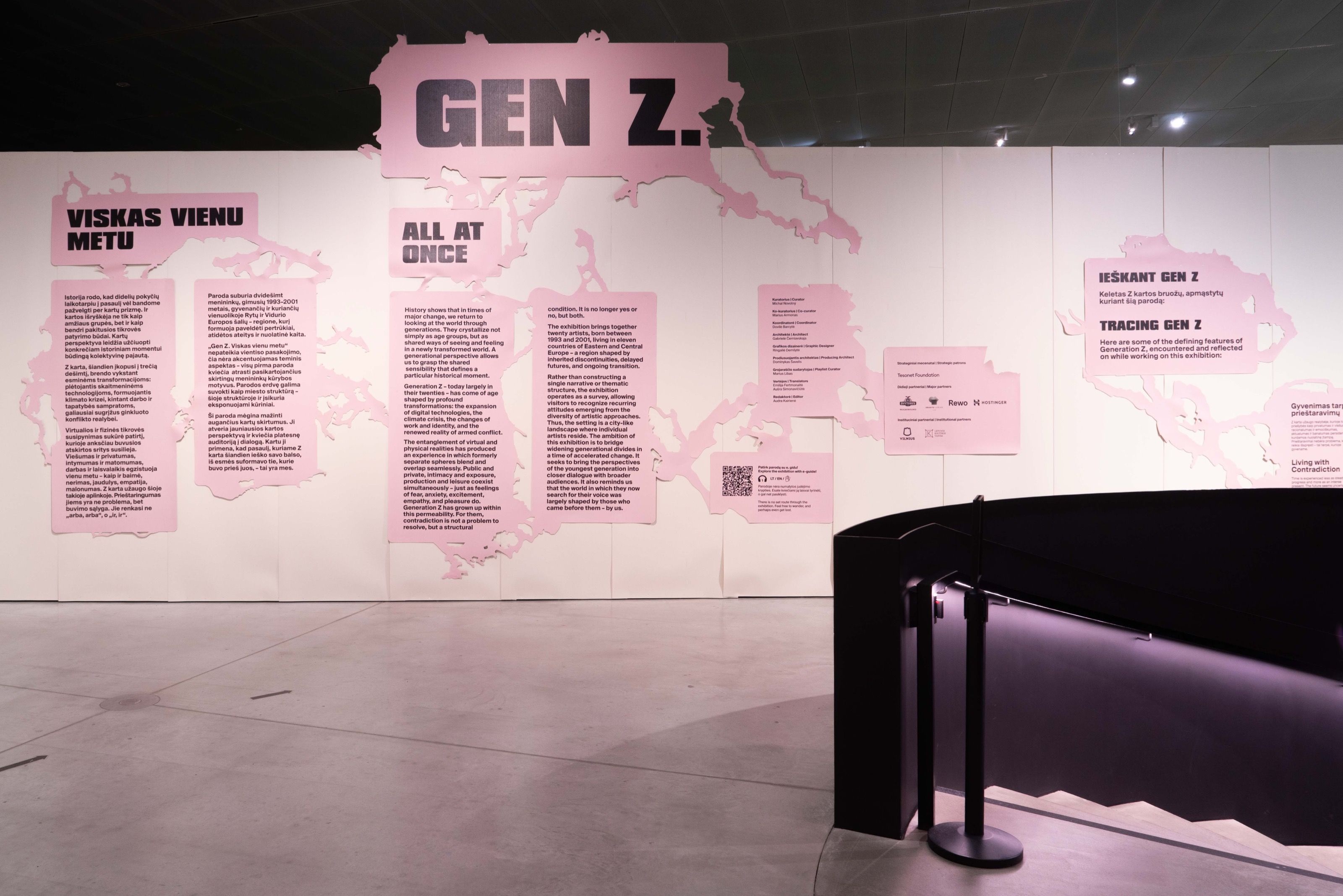Gen Z. All at Once introduction wall with pink text panels