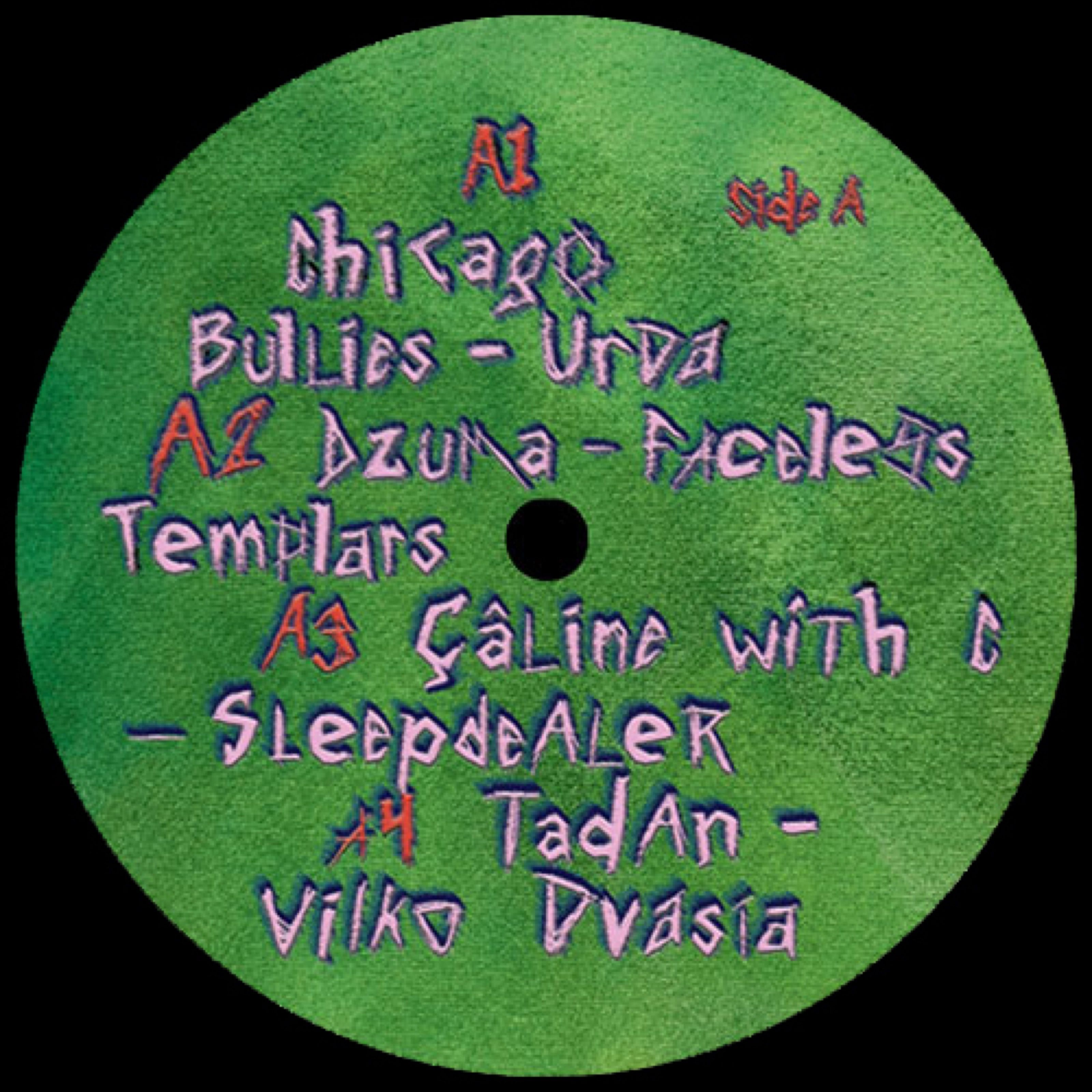 Green vinyl label with hand-drawn track list, side A