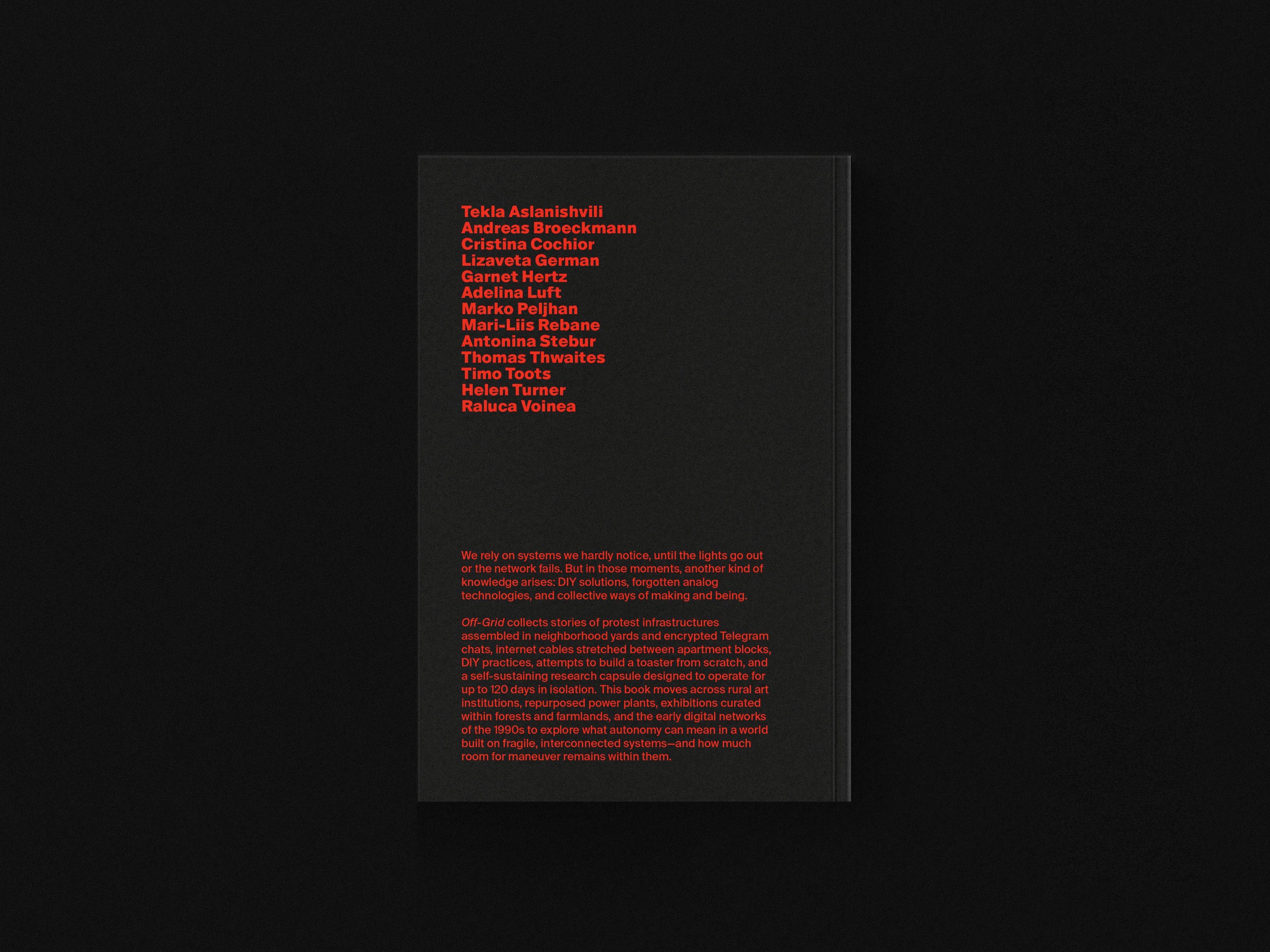 Back cover of the OFF-GRID book with red text on black