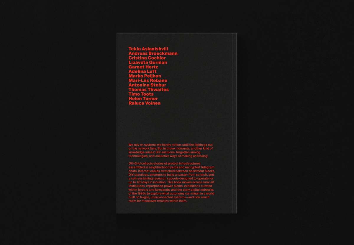 Back cover of the OFF-GRID book with red text on black