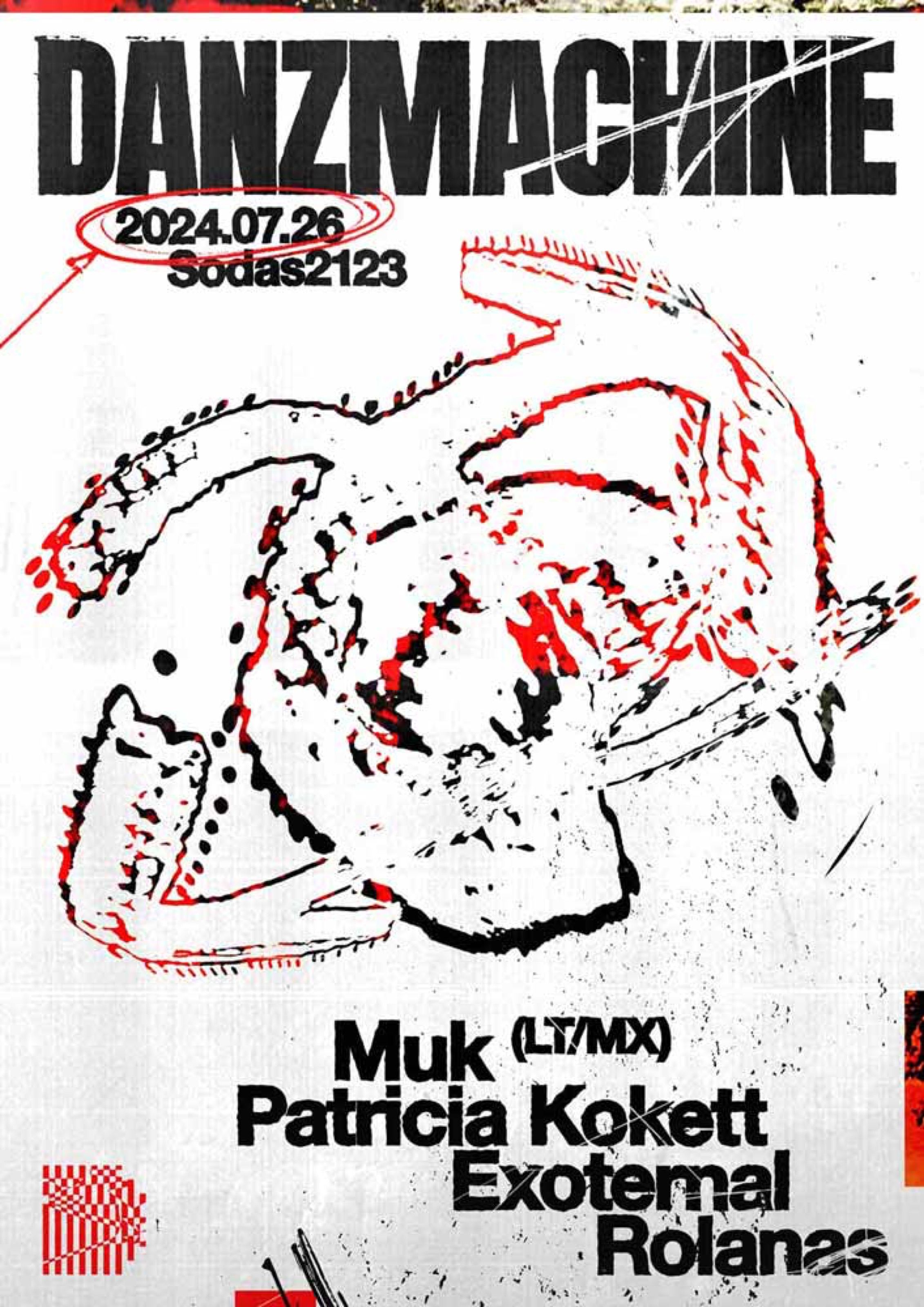Danzmachine poster with a red and black abstract drawing, Sodas2123