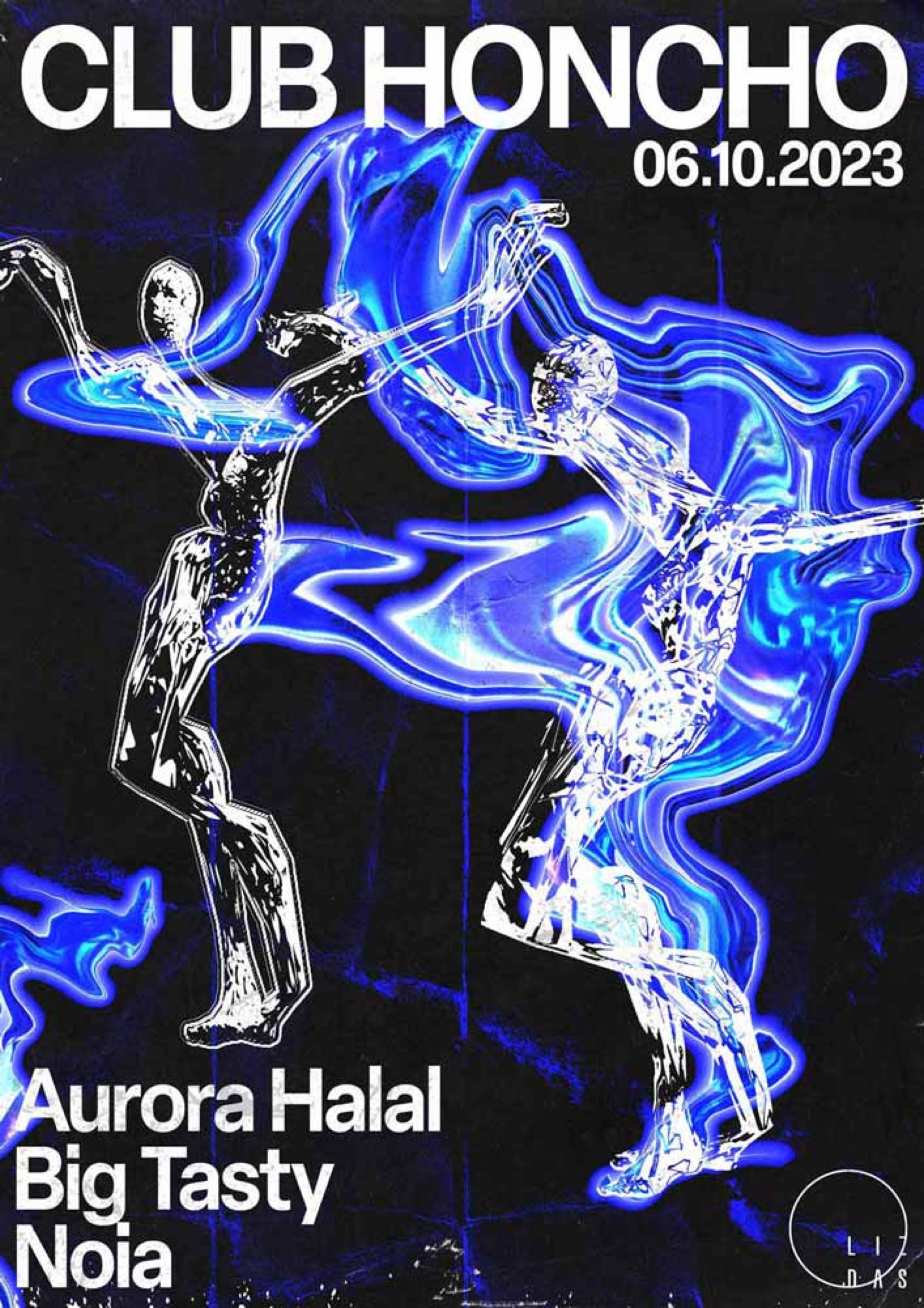 Club Honcho poster with glowing blue chrome dancing figures