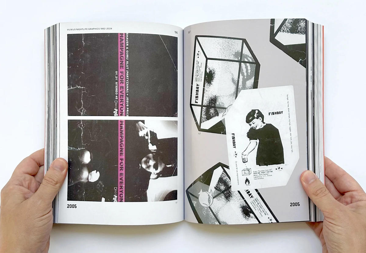 Vilnius Nightlife Graphics spread with black-and-white flyers from 2005