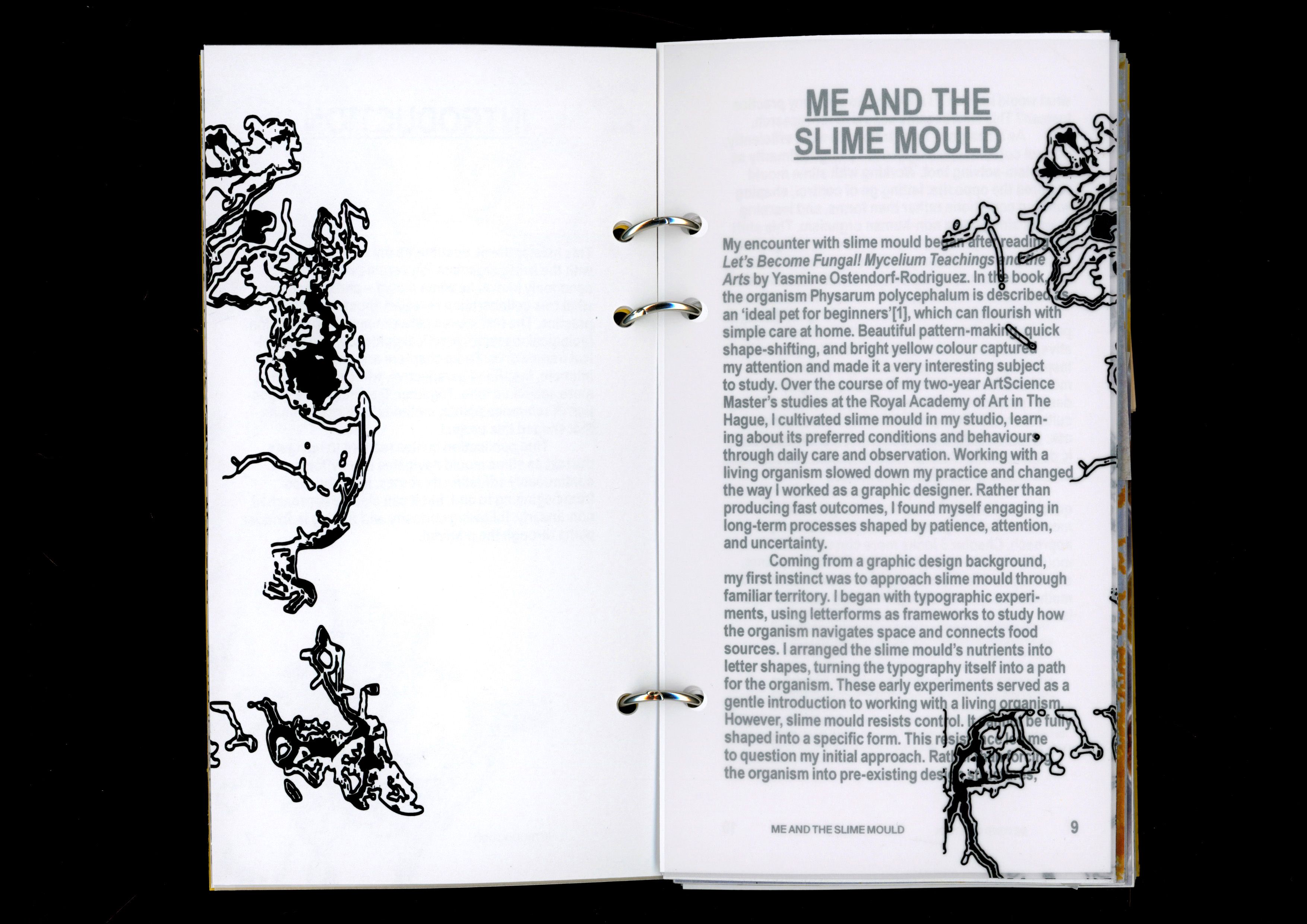 Book spread titled Me and the Slime Mould, text beside a black slime-mould drawing
