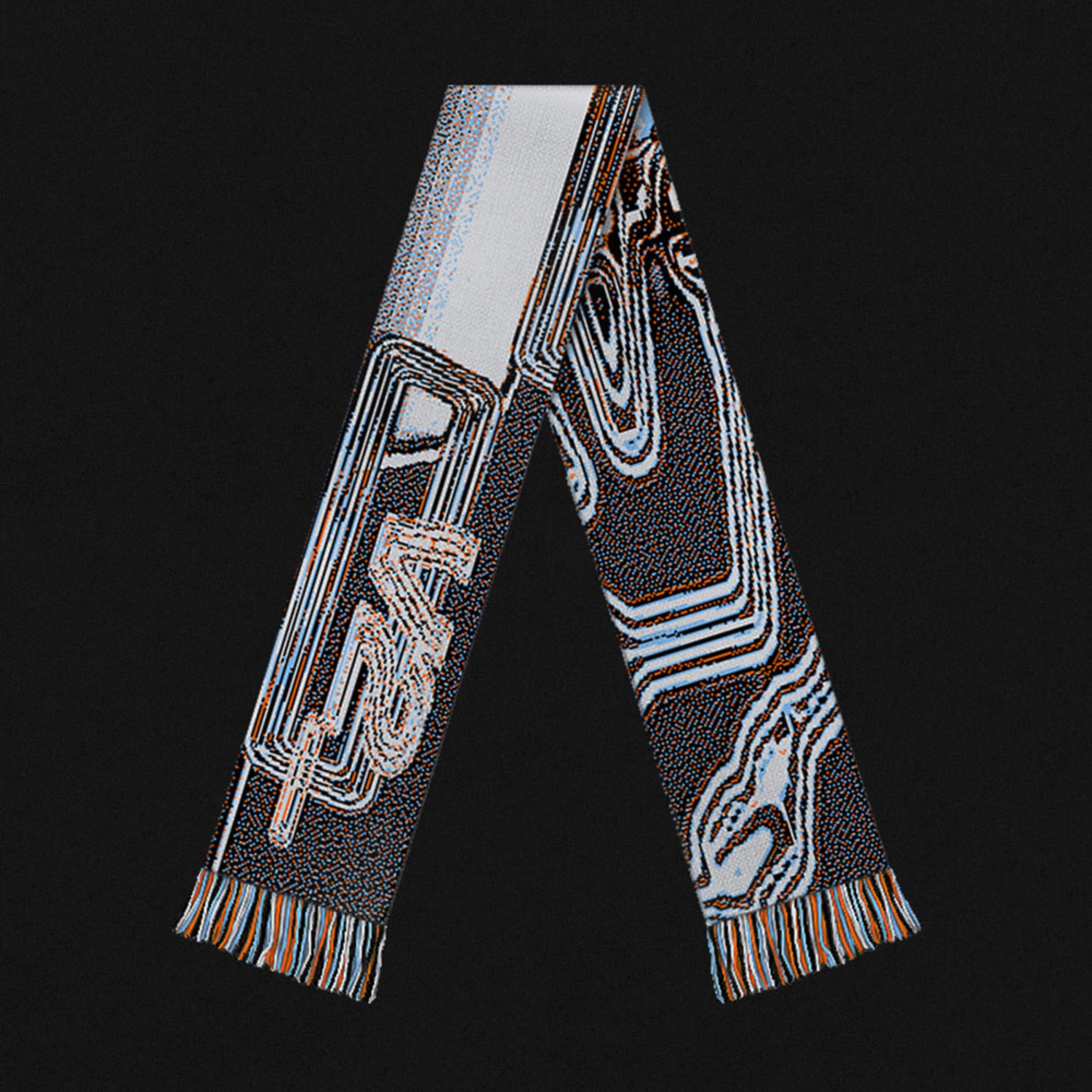 Jacquard scarf with blue and orange swirling outline pattern