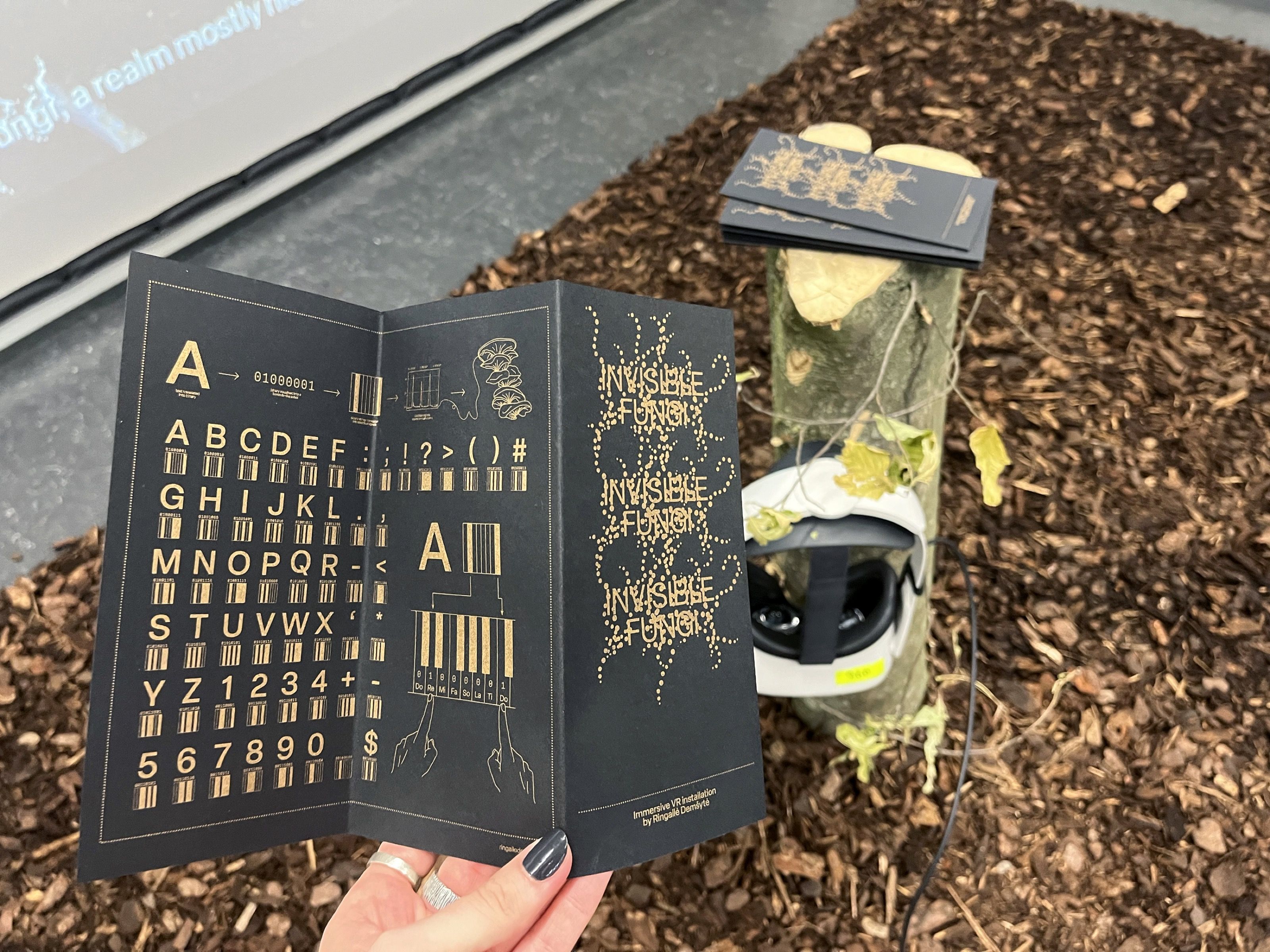 Hand holding an open Invisible Fungi booklet with a custom typeface