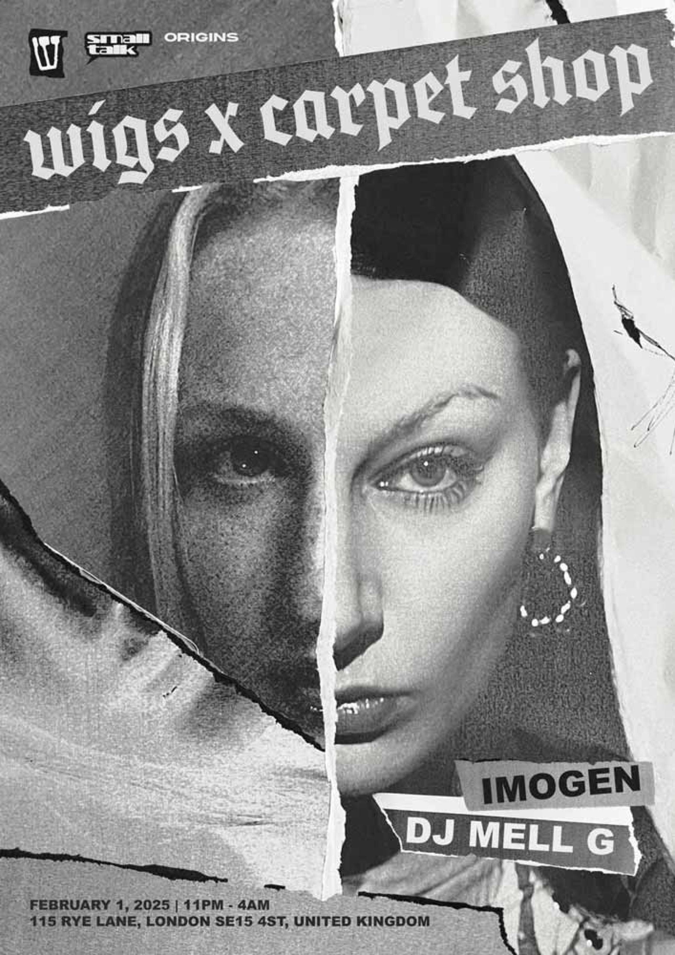Wigs x Carpet Shop poster with a torn black-and-white portrait collage, London