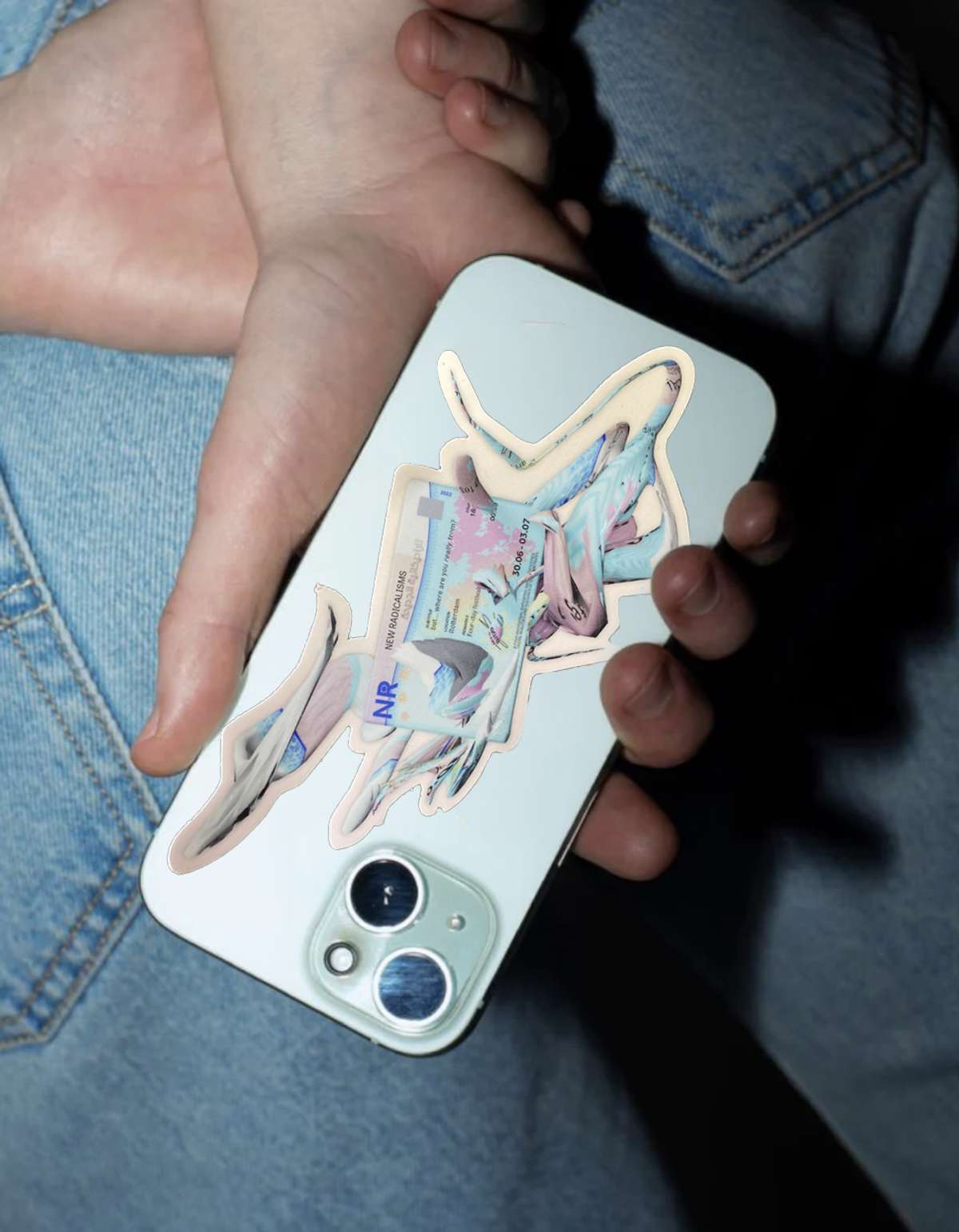 A hand holding a phone with a New Radicalisms phone case
