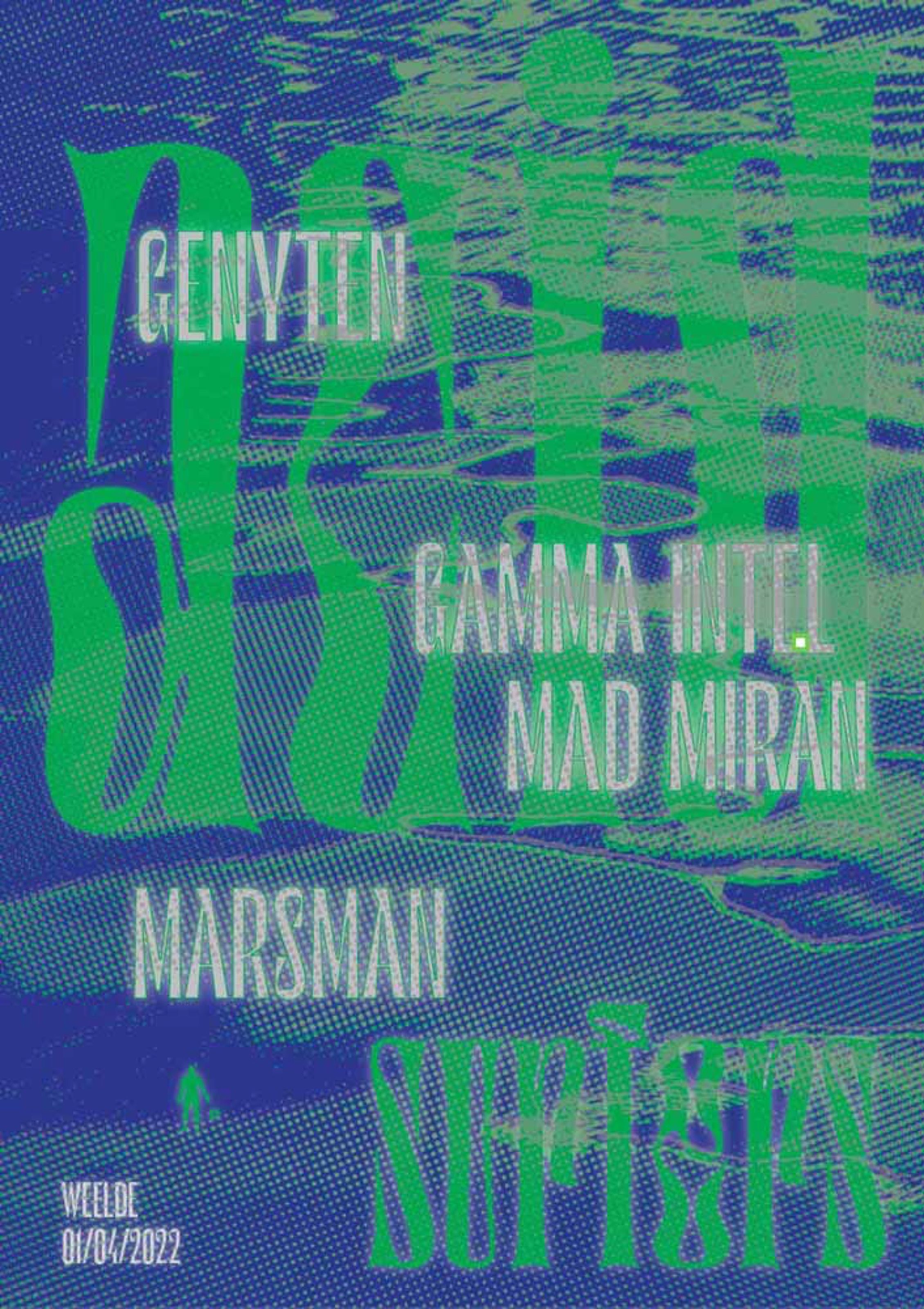 Green poster with stretched blackletter type and lineup