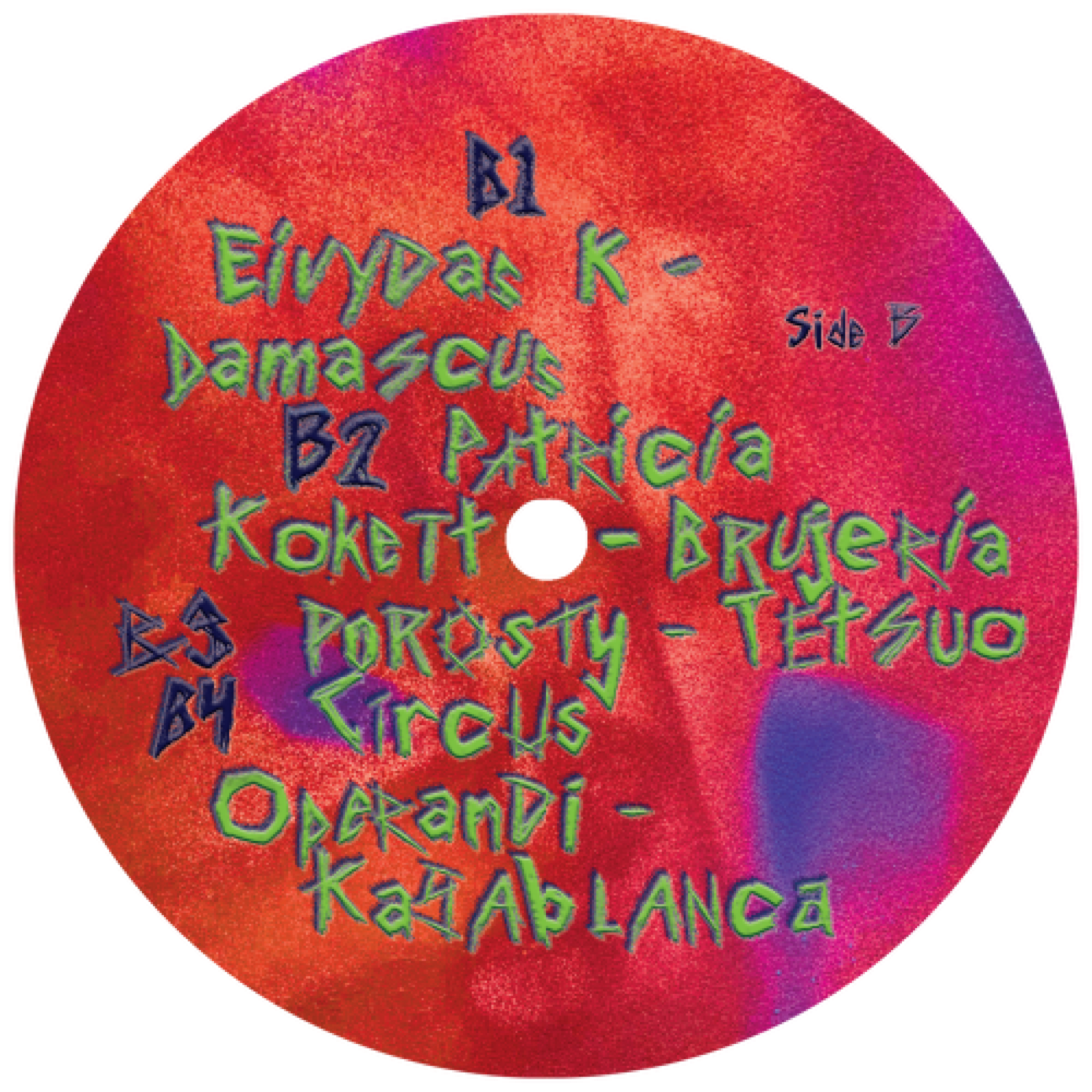 Žalgiris Battle Project vinyl label side B in red with hand-drawn track list