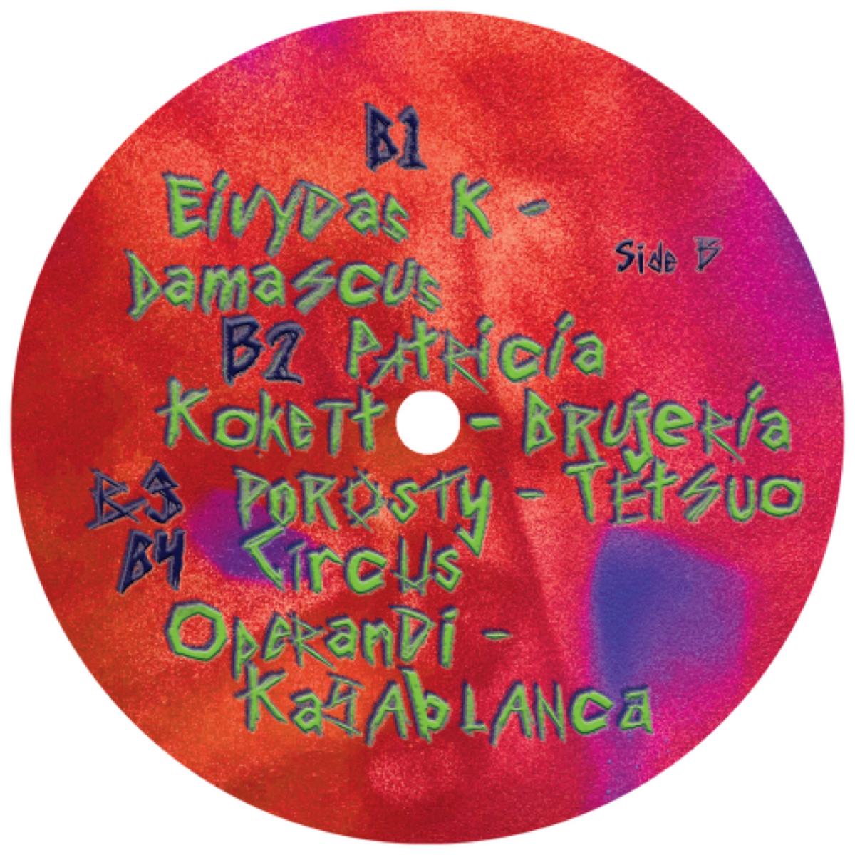 Žalgiris Battle Project vinyl label side B in red with hand-drawn track list