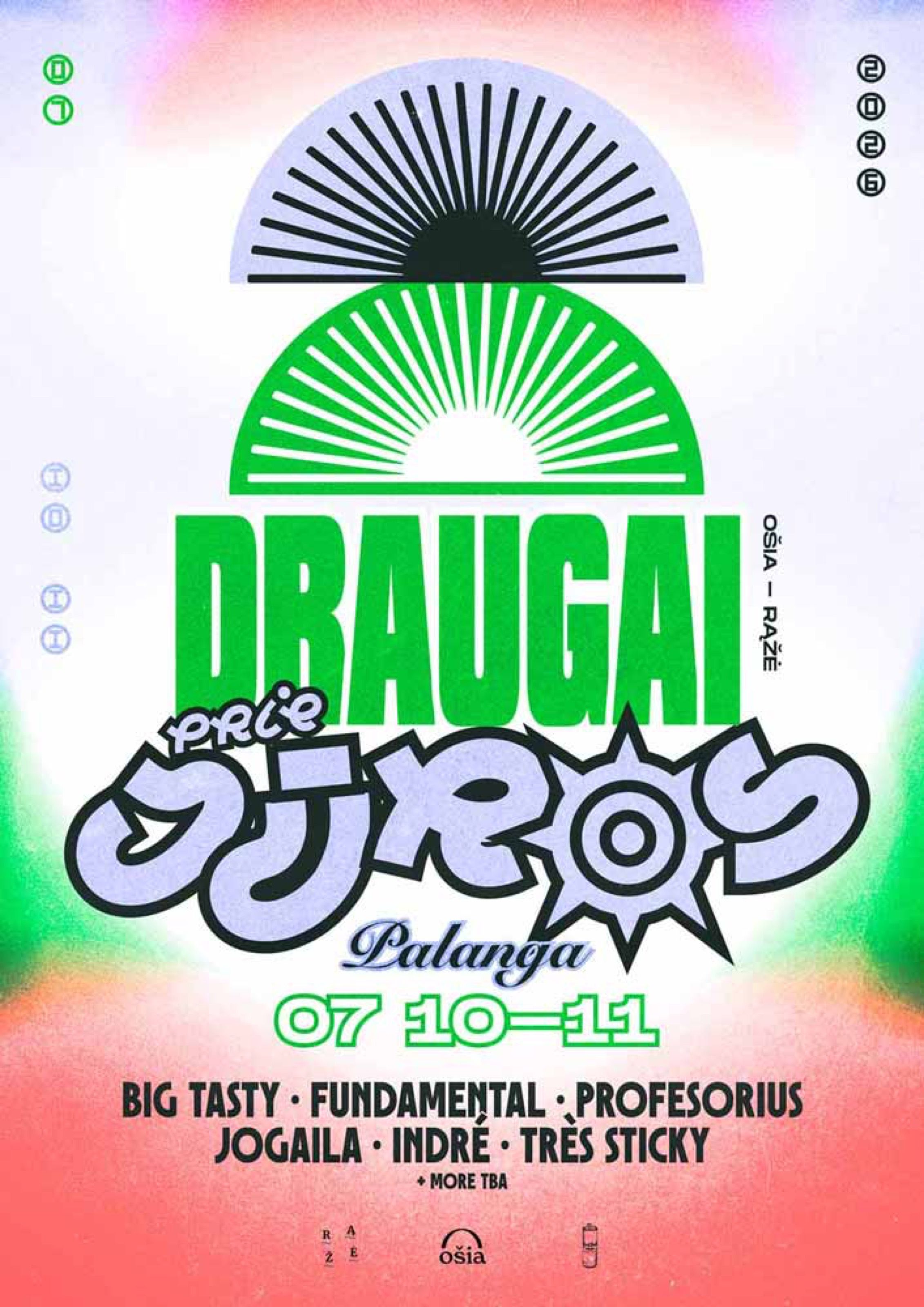 Draugai prie jūros festival poster, Palanga, with green sun graphic and lineup