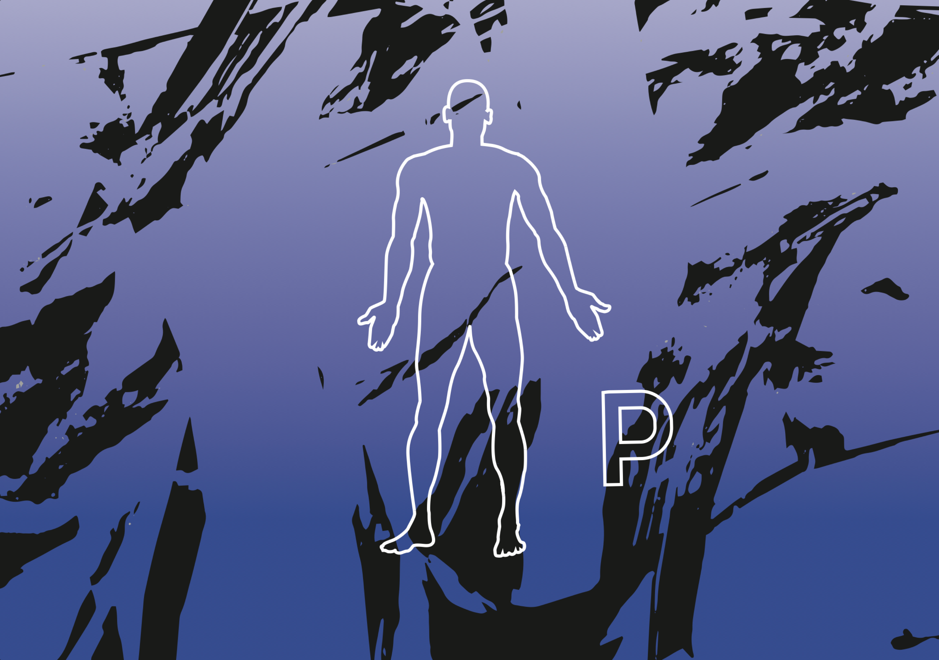Pinkman visual identity: outline figure and P logo on blue with black brushstrokes