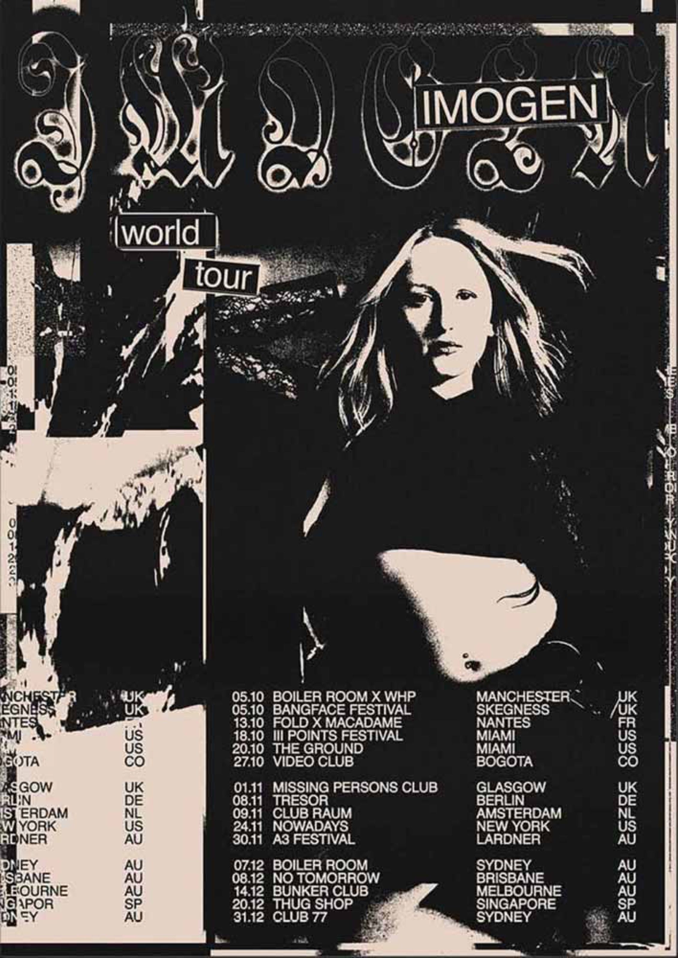 Black-and-white Imogen world tour poster with portrait and tour dates